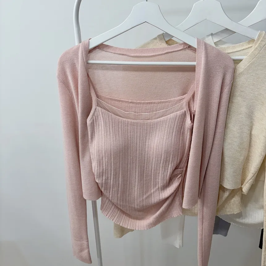 ウール混Vネックシャーリングクロップドスリムニットカーディガンアンサンブルカップ付 | mirangmirang | 詳細画像47