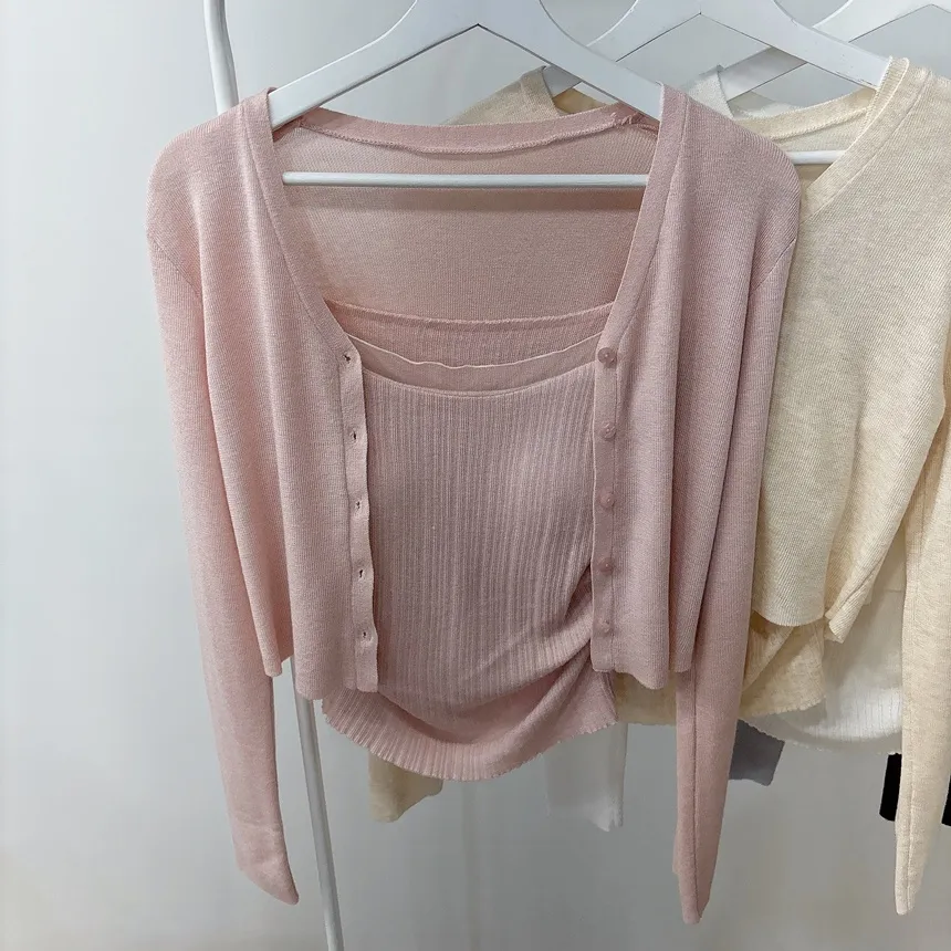 ウール混Vネックシャーリングクロップドスリムニットカーディガンアンサンブルカップ付 | mirangmirang | 詳細画像48