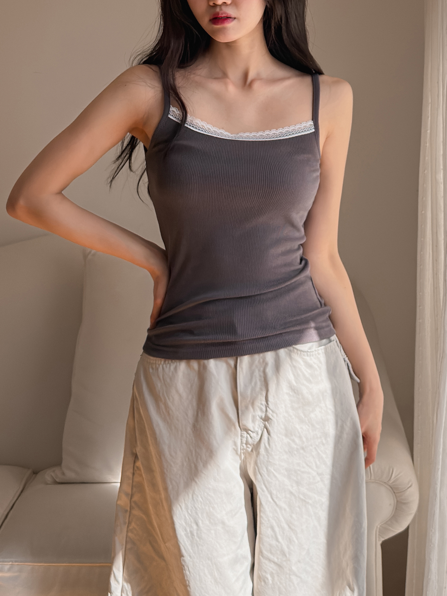 ストレッチコンビ配色スリムレースアップキャミソール | 詳細画像7