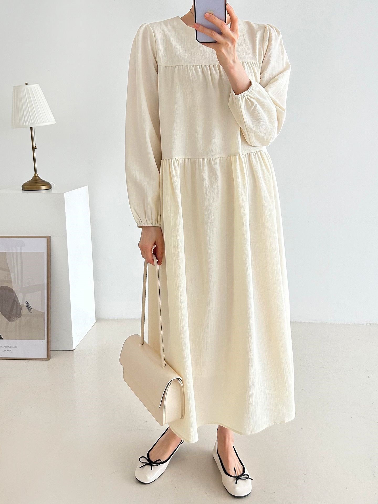 ラウンドネックティアードロングルーズ長袖ワンピース | 詳細画像2