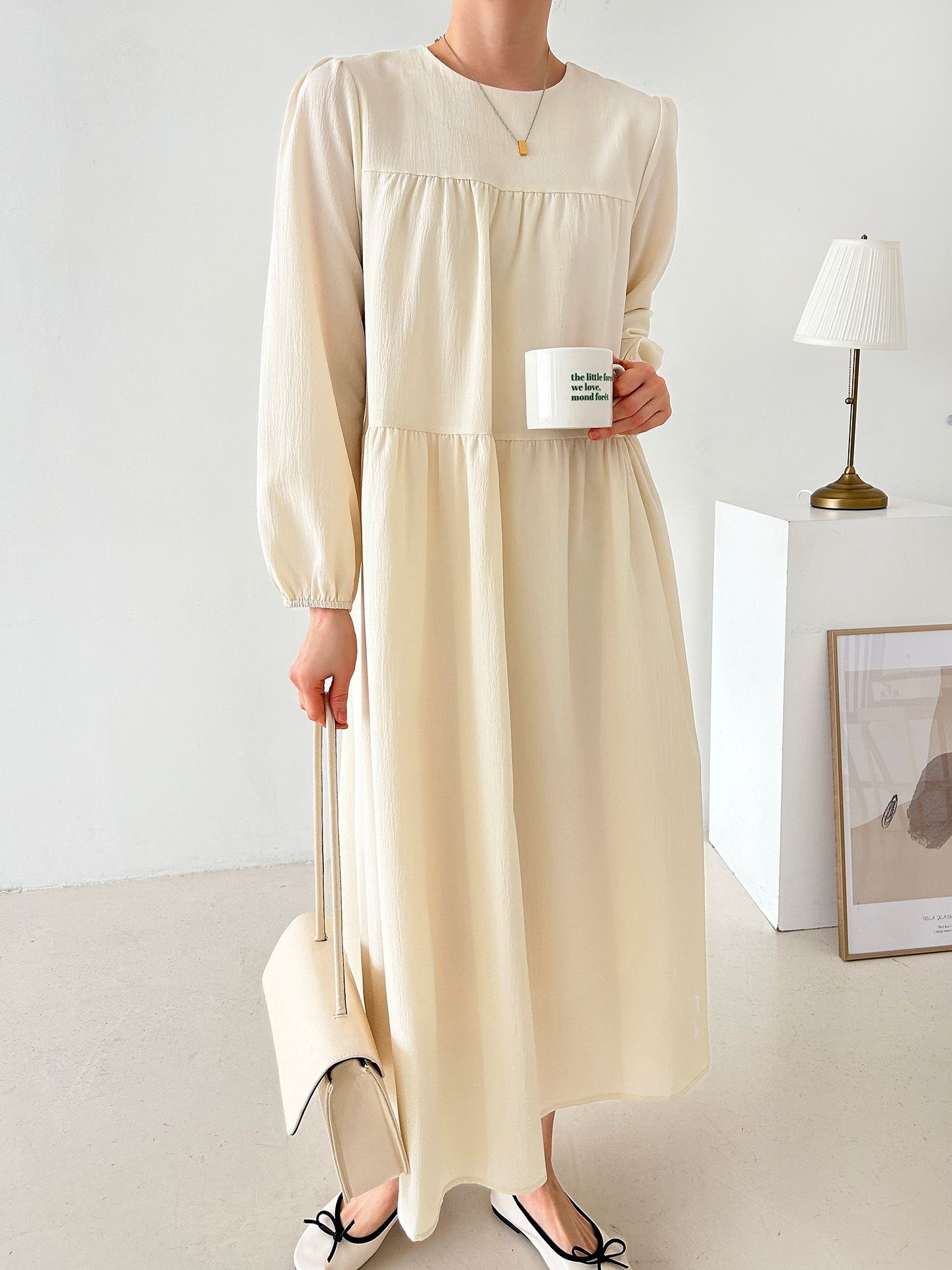 ラウンドネックティアードロングルーズ長袖ワンピース | 詳細画像3