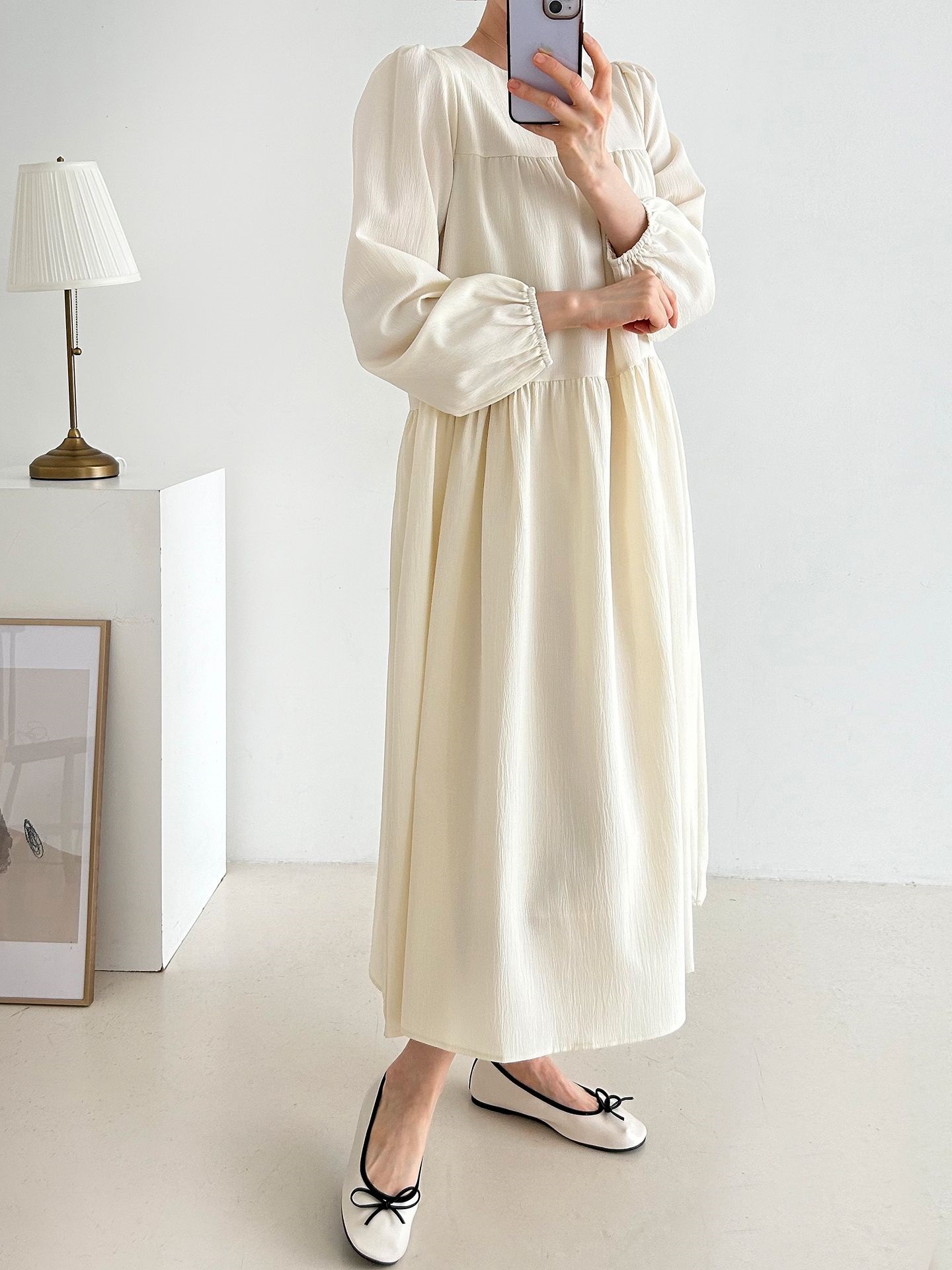 ラウンドネックティアードロングルーズ長袖ワンピース | 詳細画像5