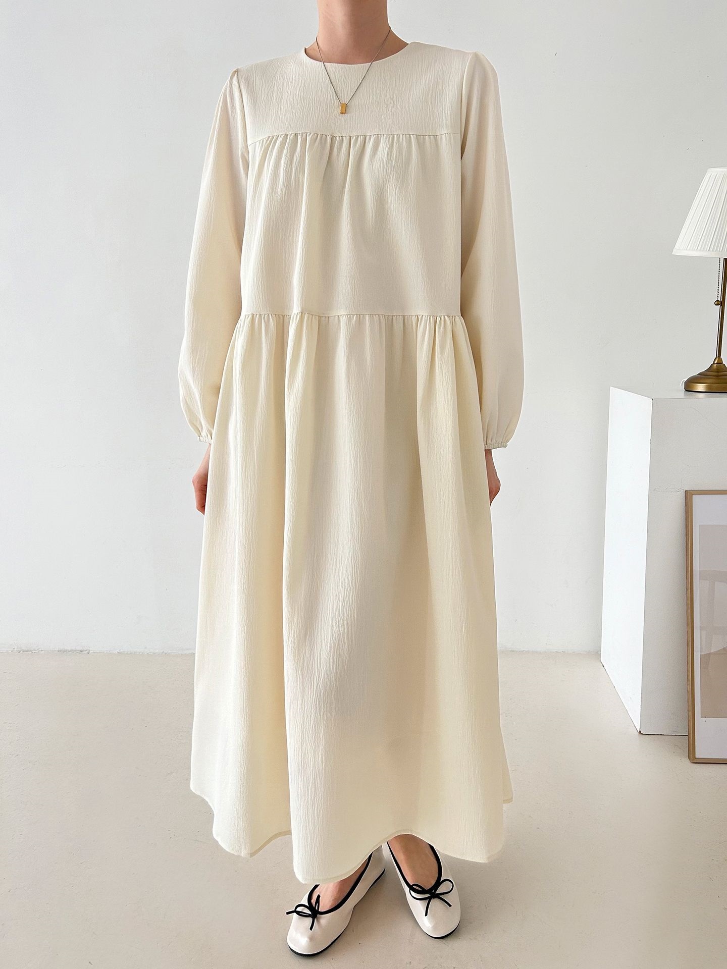 ラウンドネックティアードロングルーズ長袖ワンピース | 詳細画像7