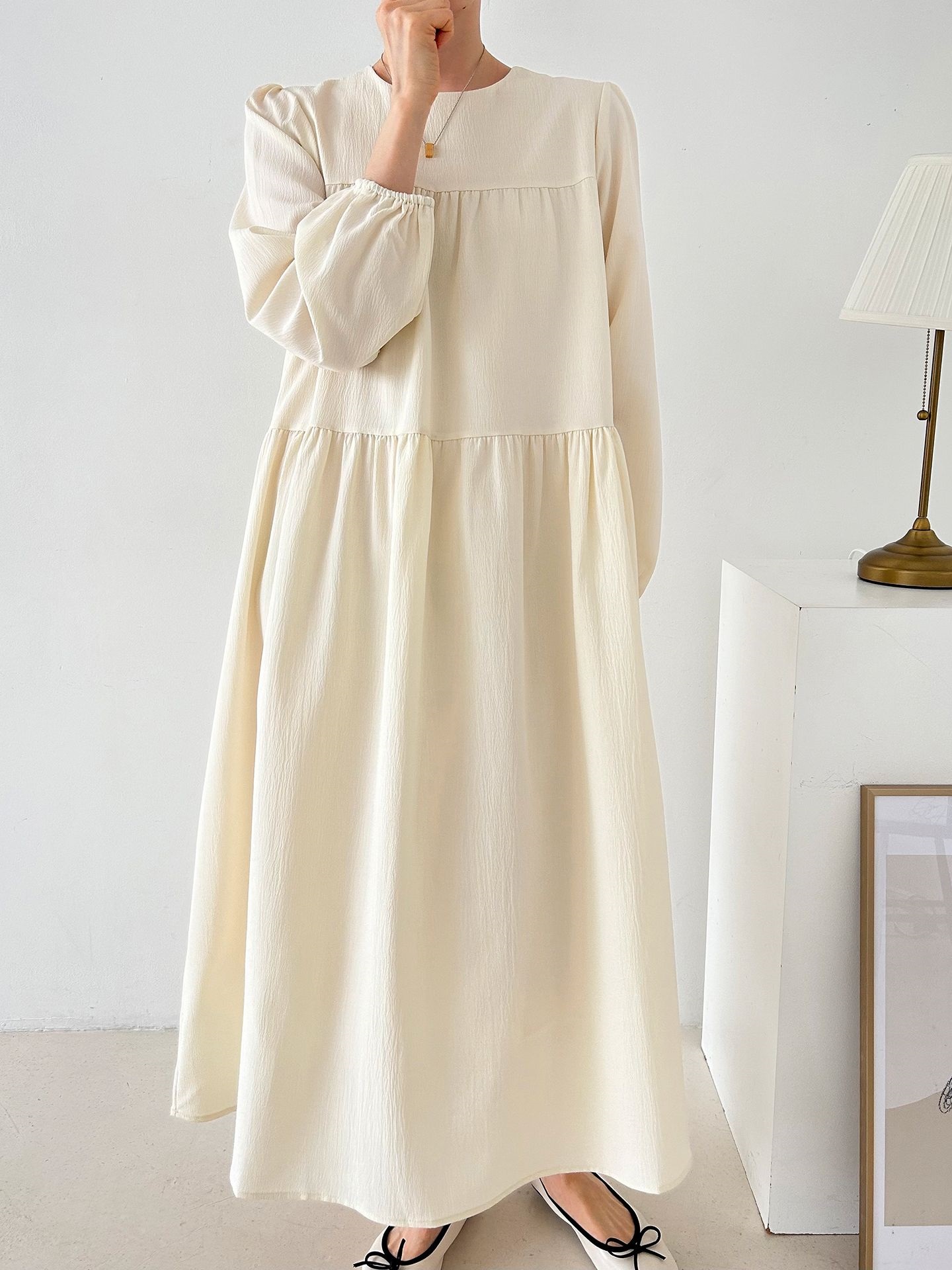 ラウンドネックティアードロングルーズ長袖ワンピース | 詳細画像8