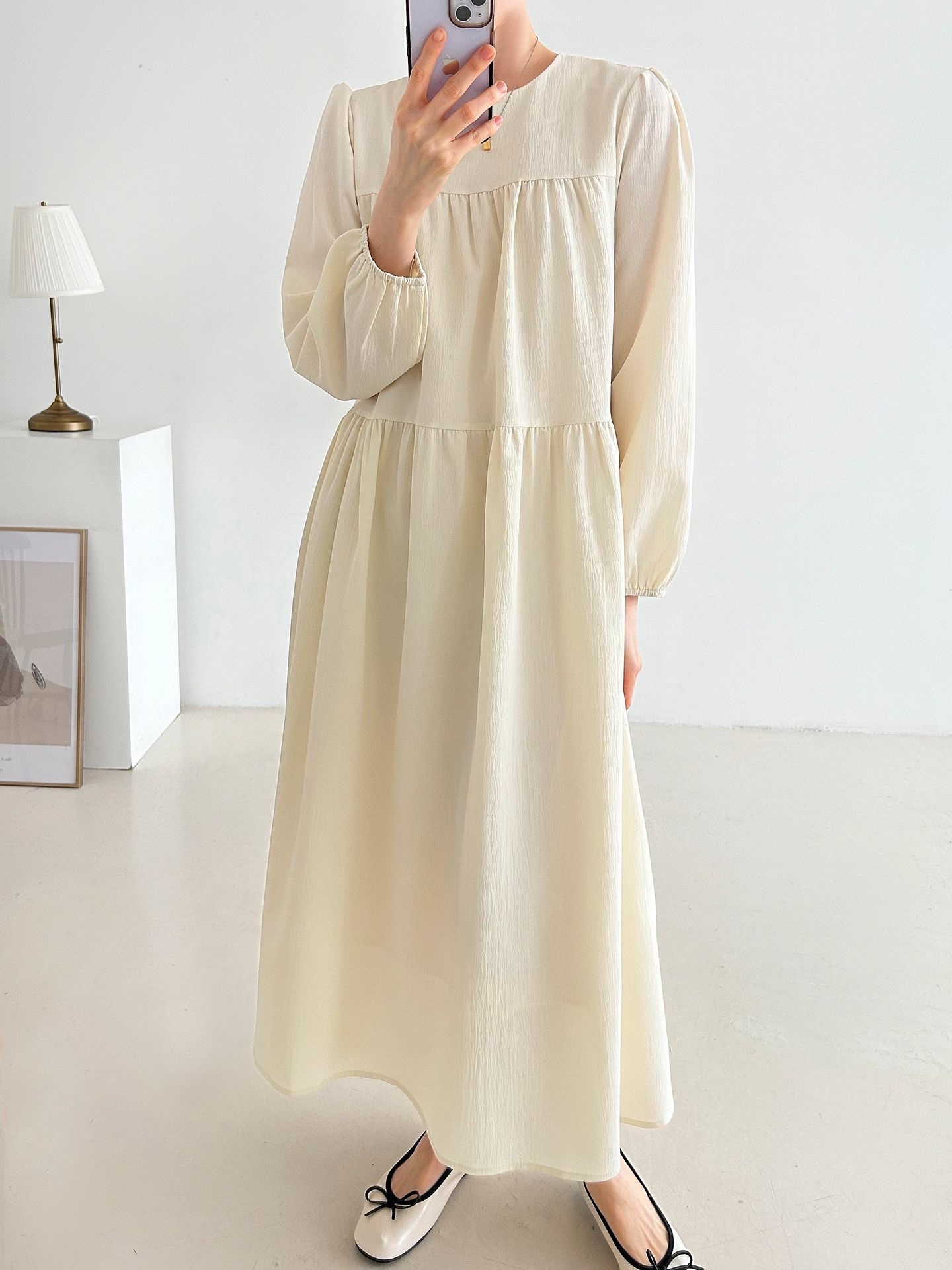 ラウンドネックティアードロングルーズ長袖ワンピース | 詳細画像9