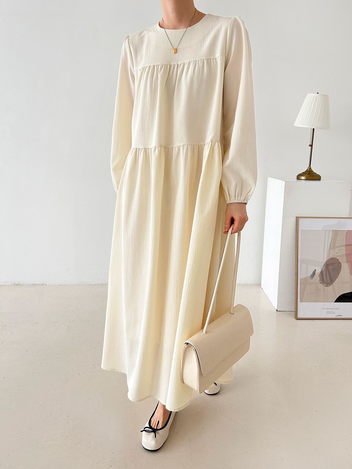 ラウンドネックティアードロングルーズ長袖ワンピース | 詳細画像10