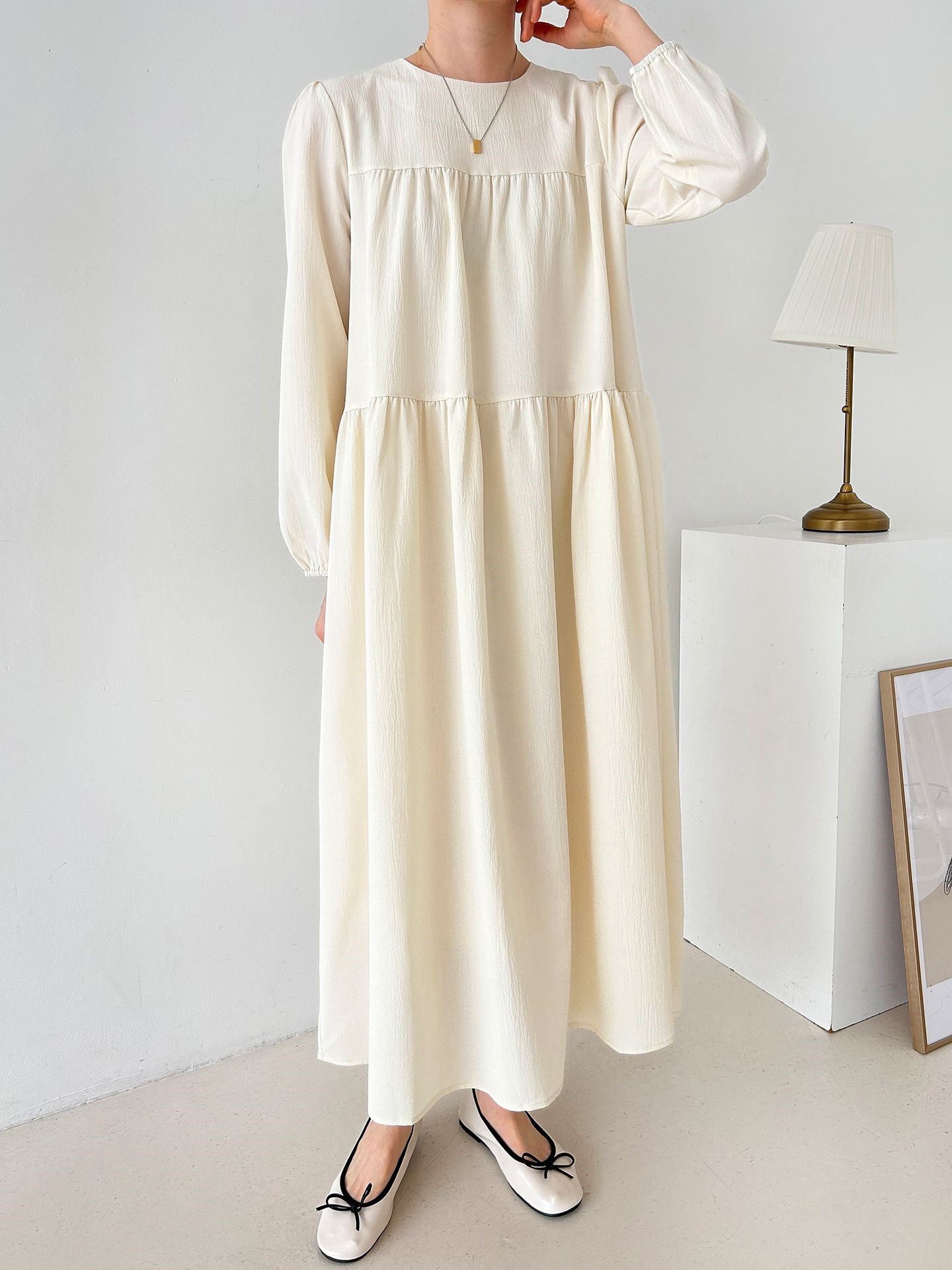 ラウンドネックティアードロングルーズ長袖ワンピース | 詳細画像11