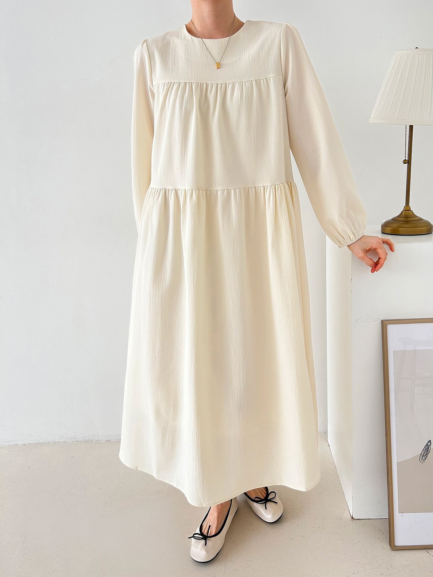 ラウンドネックティアードロングルーズ長袖ワンピース | 詳細画像14