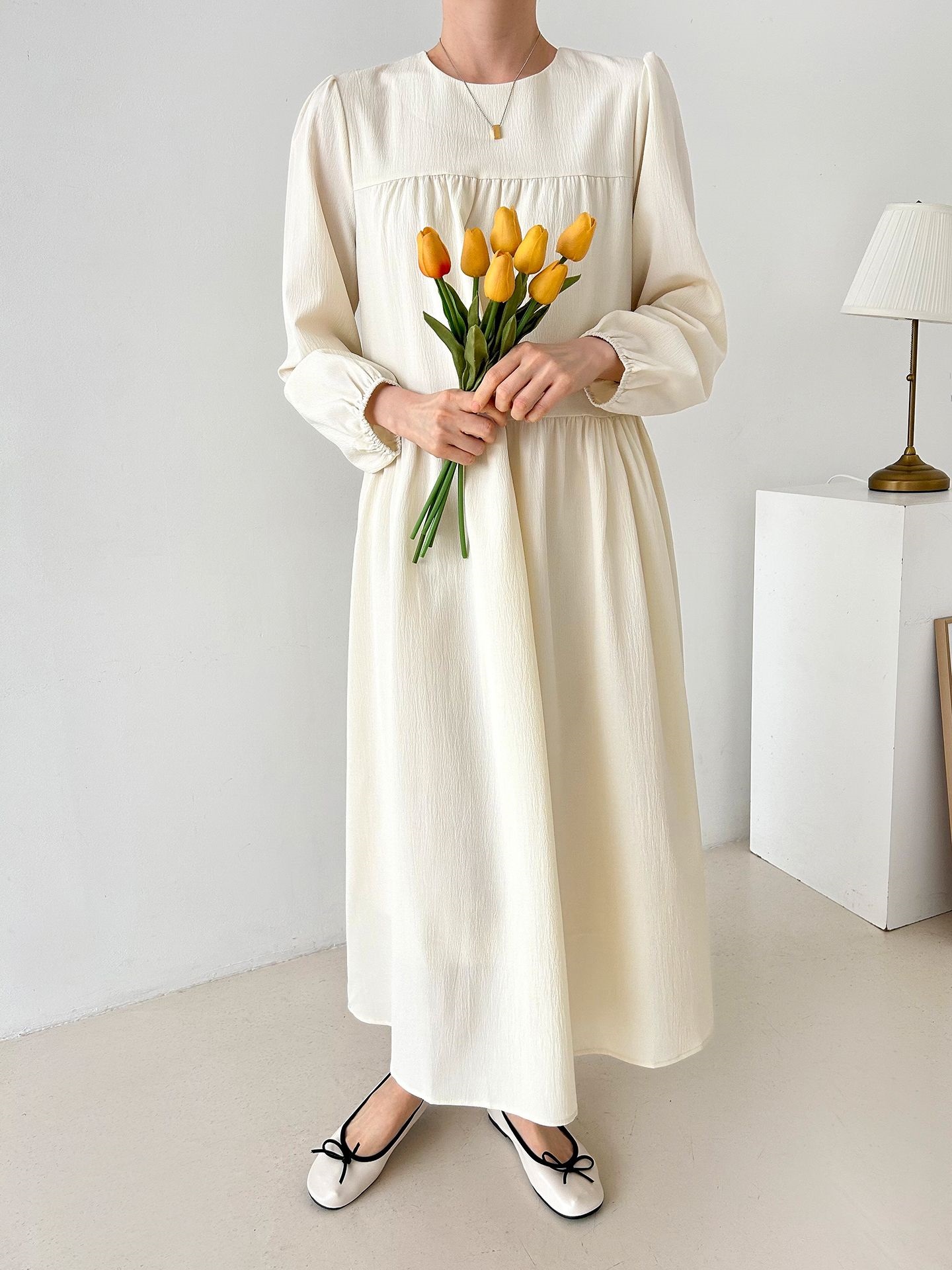 ラウンドネックティアードロングルーズ長袖ワンピース | 詳細画像15