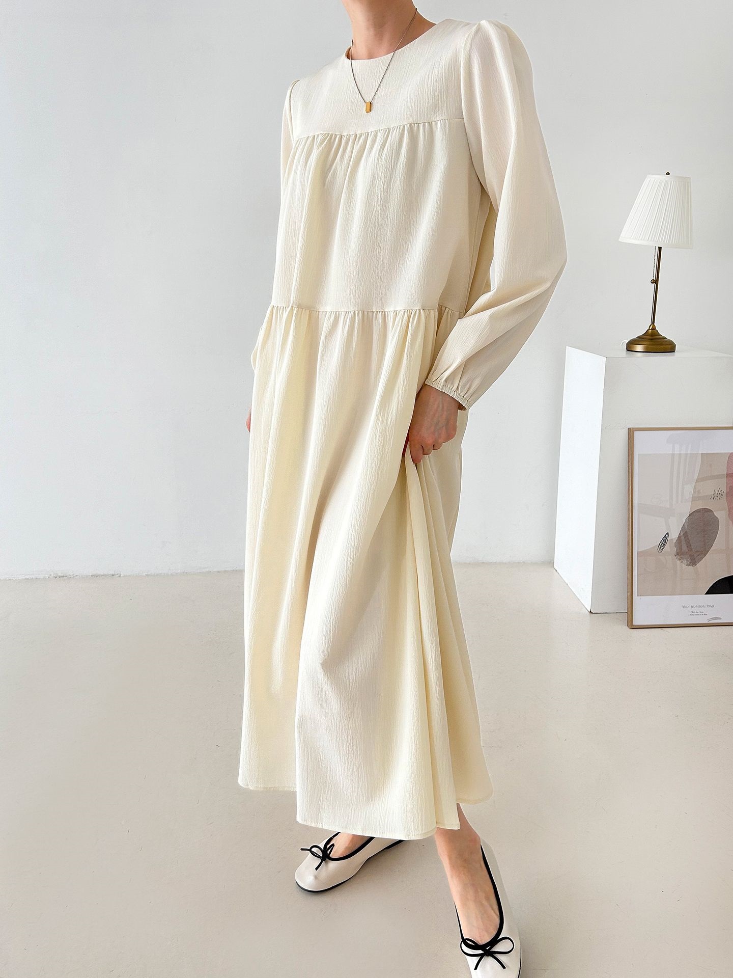 ラウンドネックティアードロングルーズ長袖ワンピース | 詳細画像16