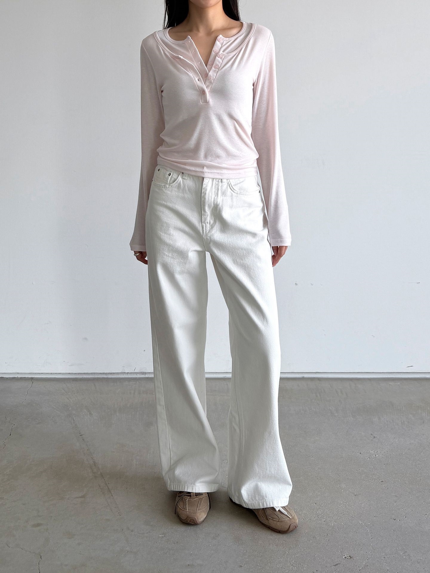 リブボタンラウンドネックスリムレイヤード風長袖Tシャツ | 詳細画像2