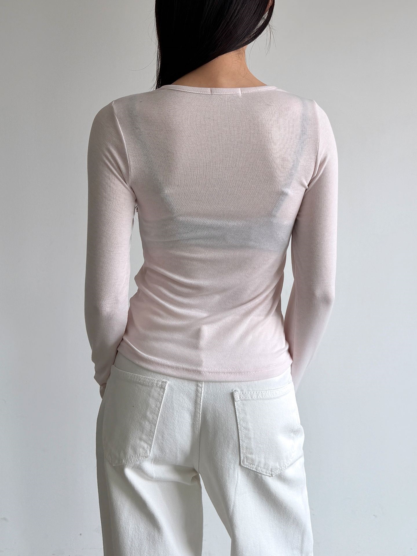 リブボタンラウンドネックスリムレイヤード風長袖Tシャツ | 詳細画像6