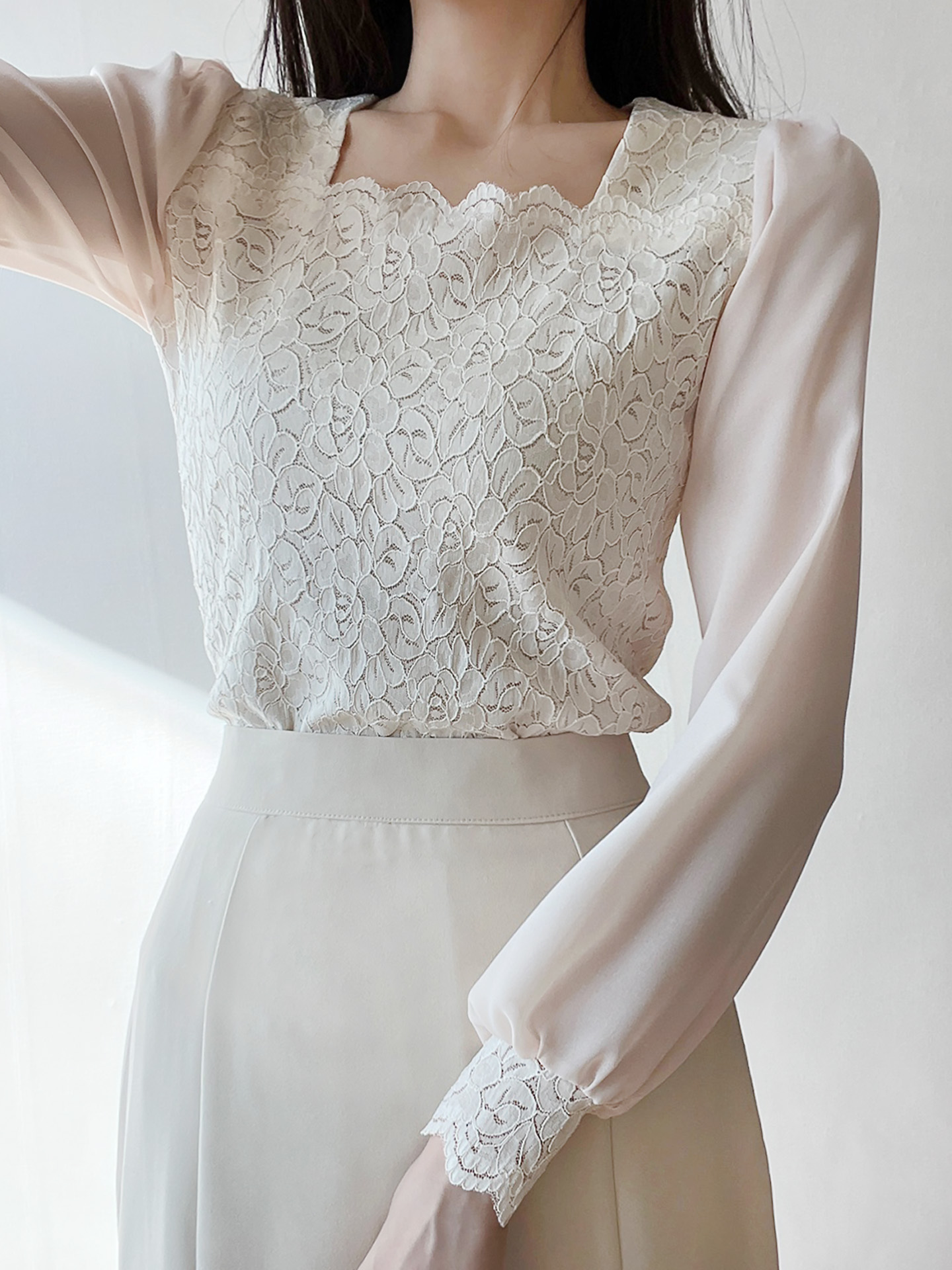 レースコンビベーシック長袖ブラウス | 詳細画像5