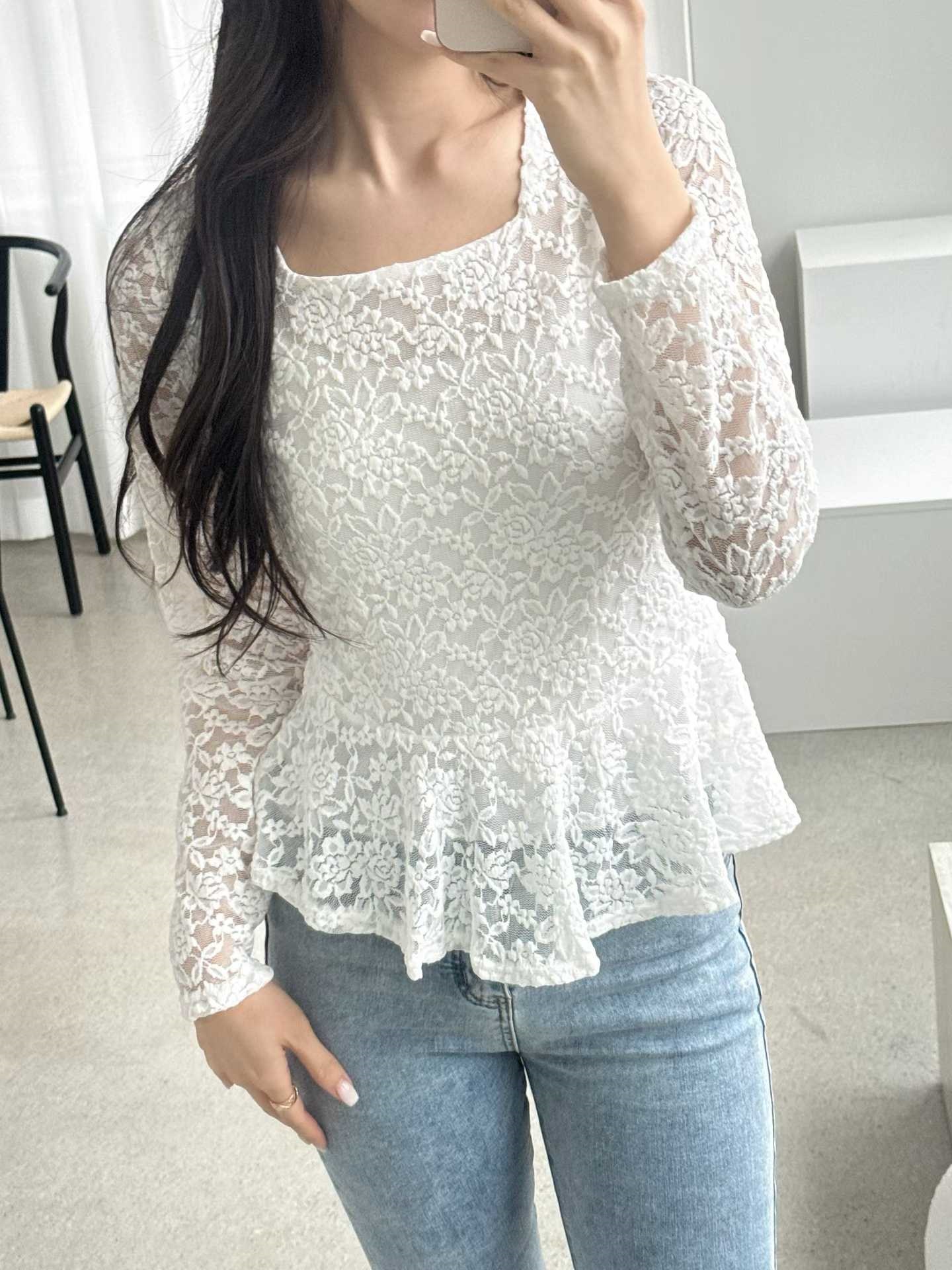 レースシースルースクエアネックティアード長袖Tシャツ | 詳細画像2