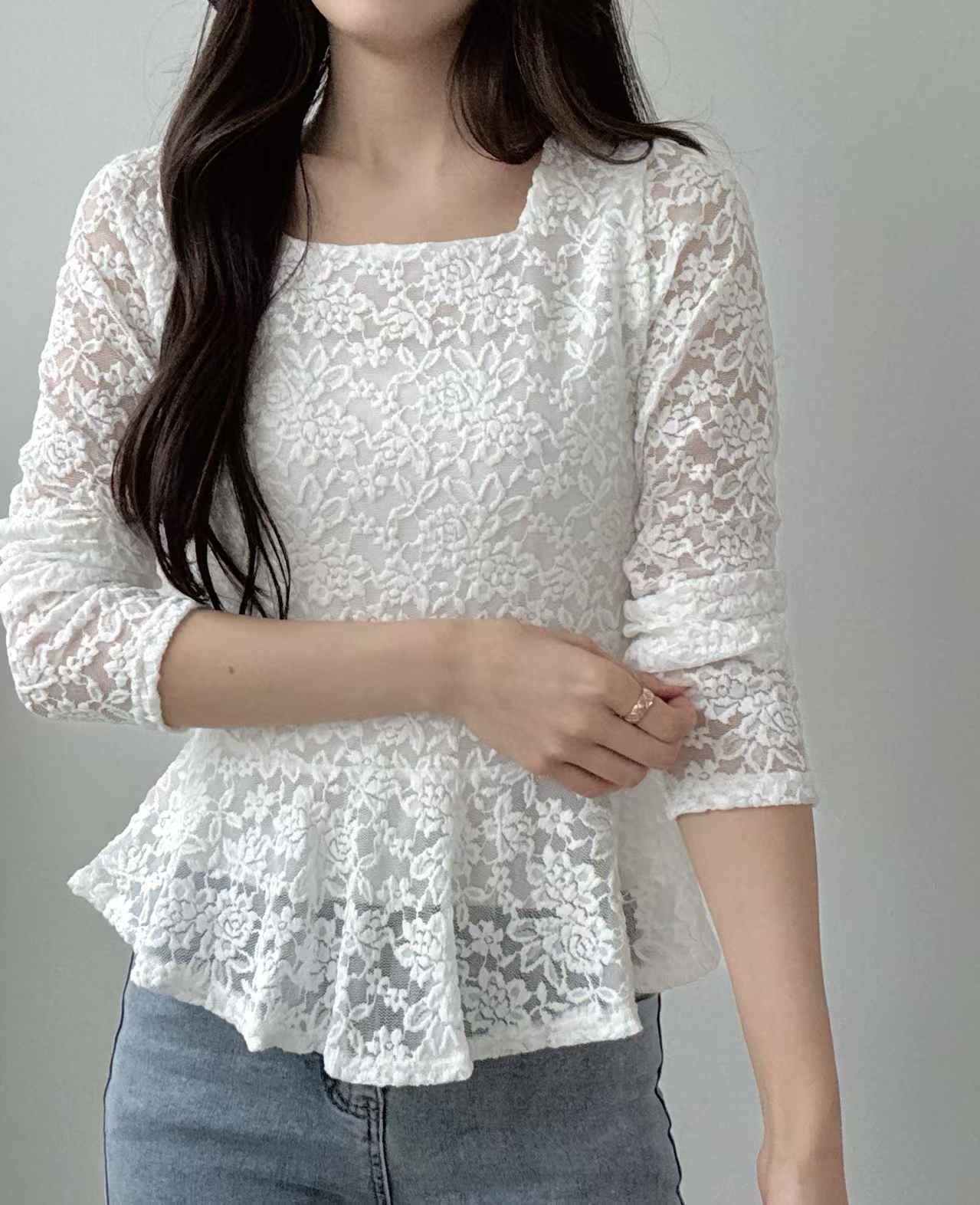 レースシースルースクエアネックティアード長袖Tシャツ | 詳細画像3