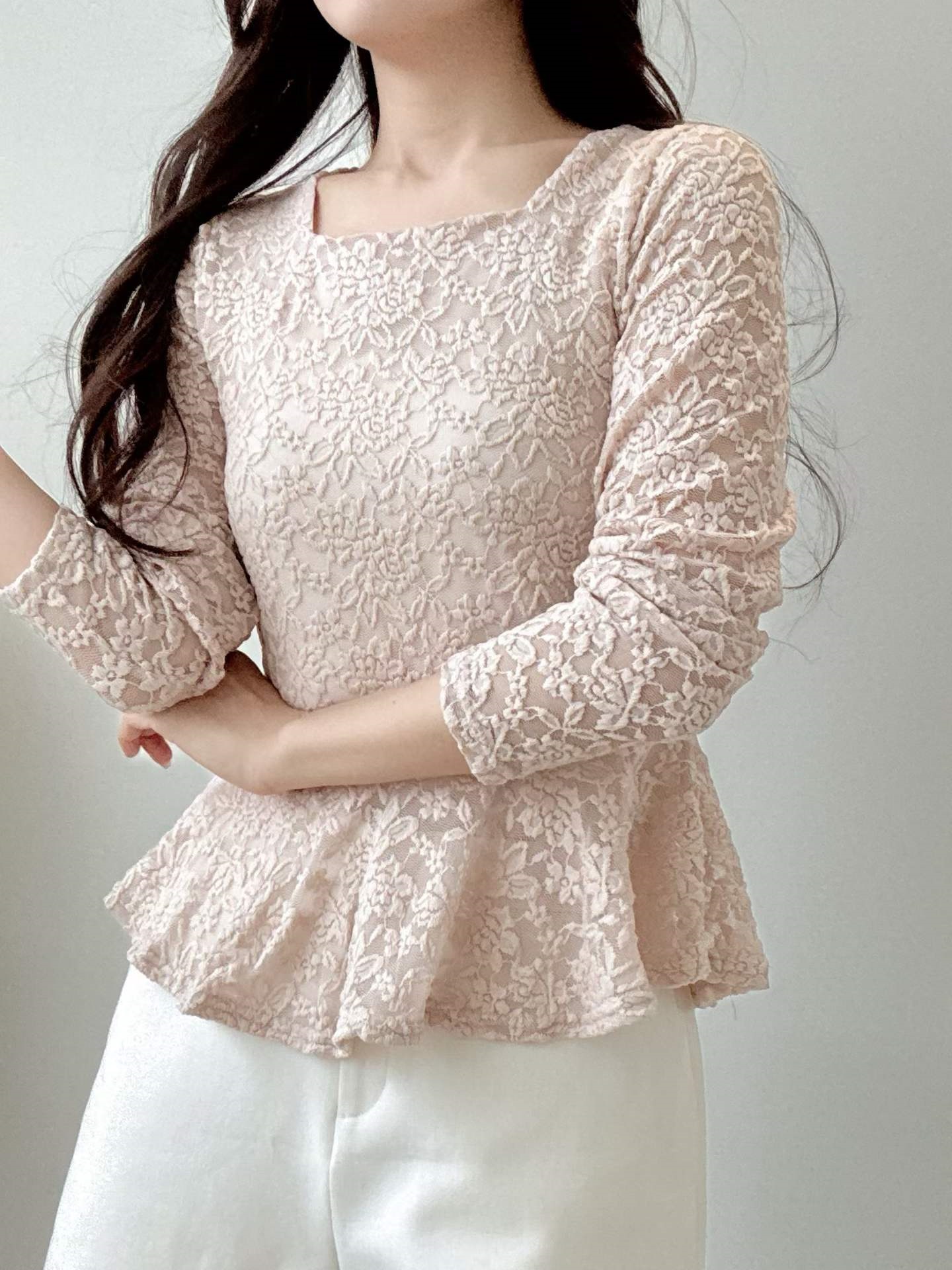 レースシースルースクエアネックティアード長袖Tシャツ | 詳細画像4