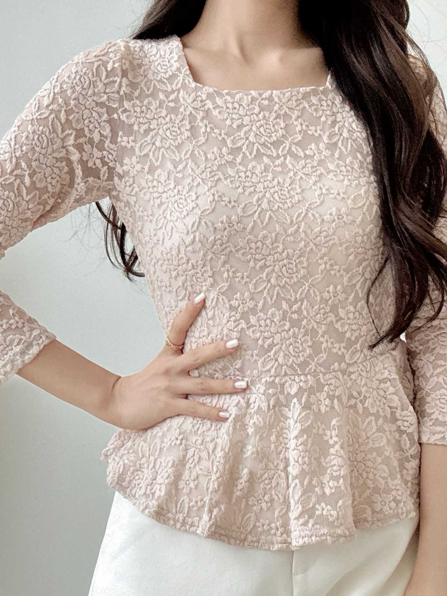 レースシースルースクエアネックティアード長袖Tシャツ | 詳細画像5