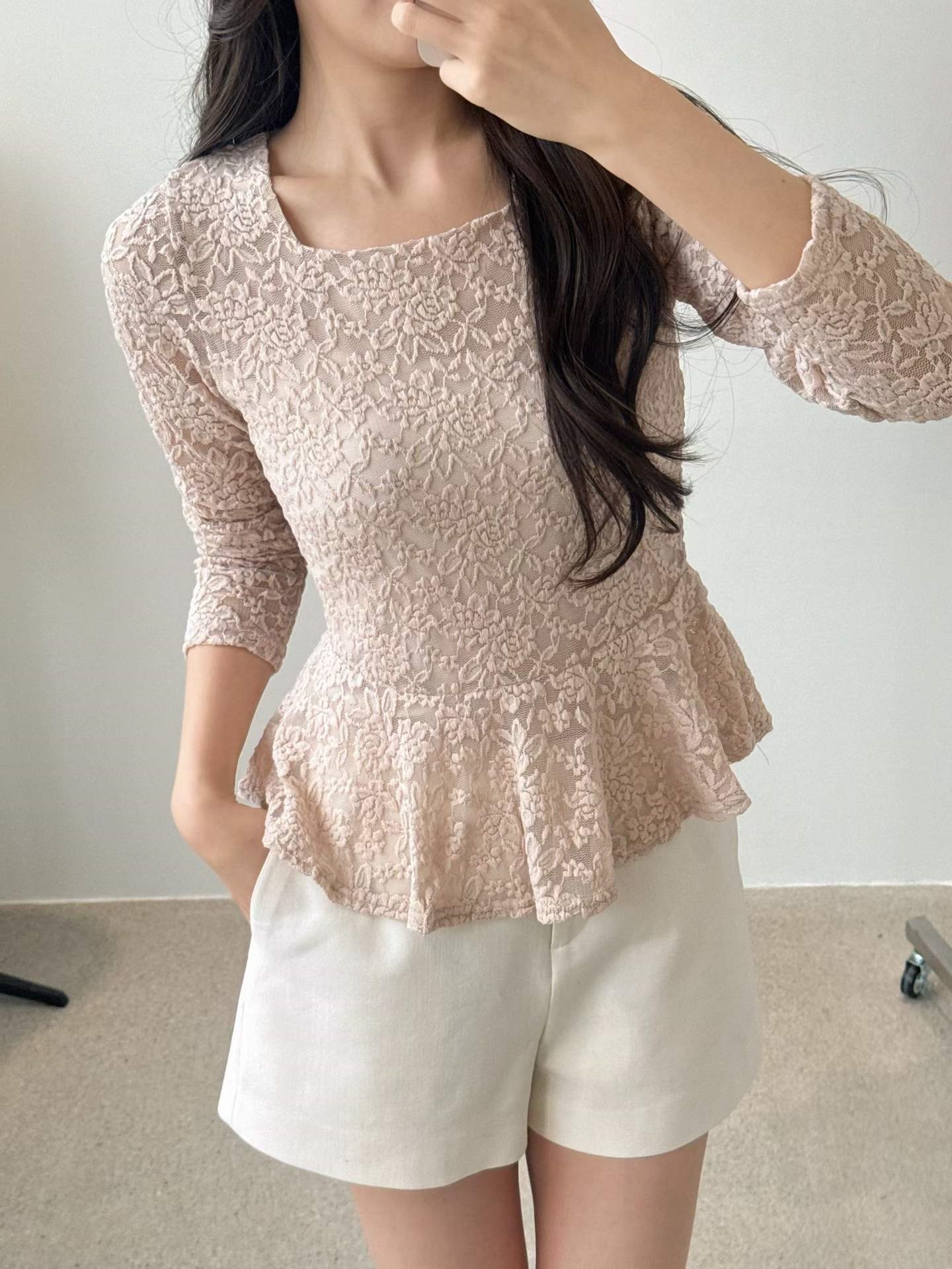 レースシースルースクエアネックティアード長袖Tシャツ | 詳細画像6