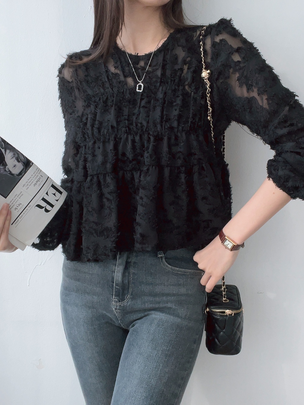 シースルーラウンドネックベーシック長袖ブラウス | 詳細画像6