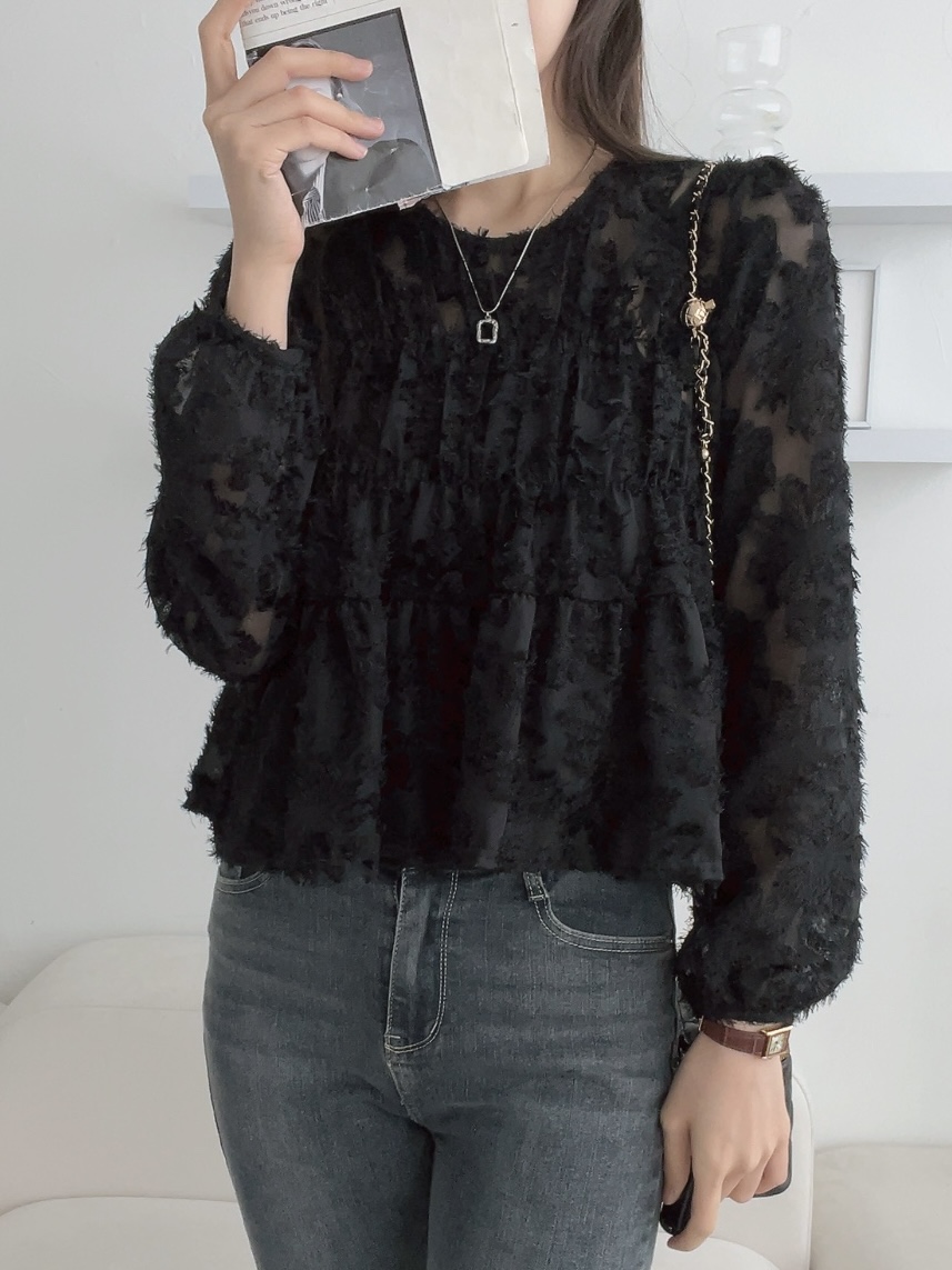 シースルーラウンドネックベーシック長袖ブラウス | 詳細画像7