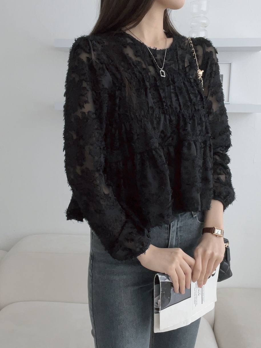 シースルーラウンドネックベーシック長袖ブラウス | 詳細画像8