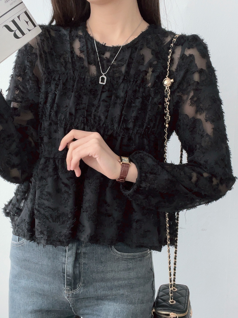 シースルーラウンドネックベーシック長袖ブラウス | 詳細画像9