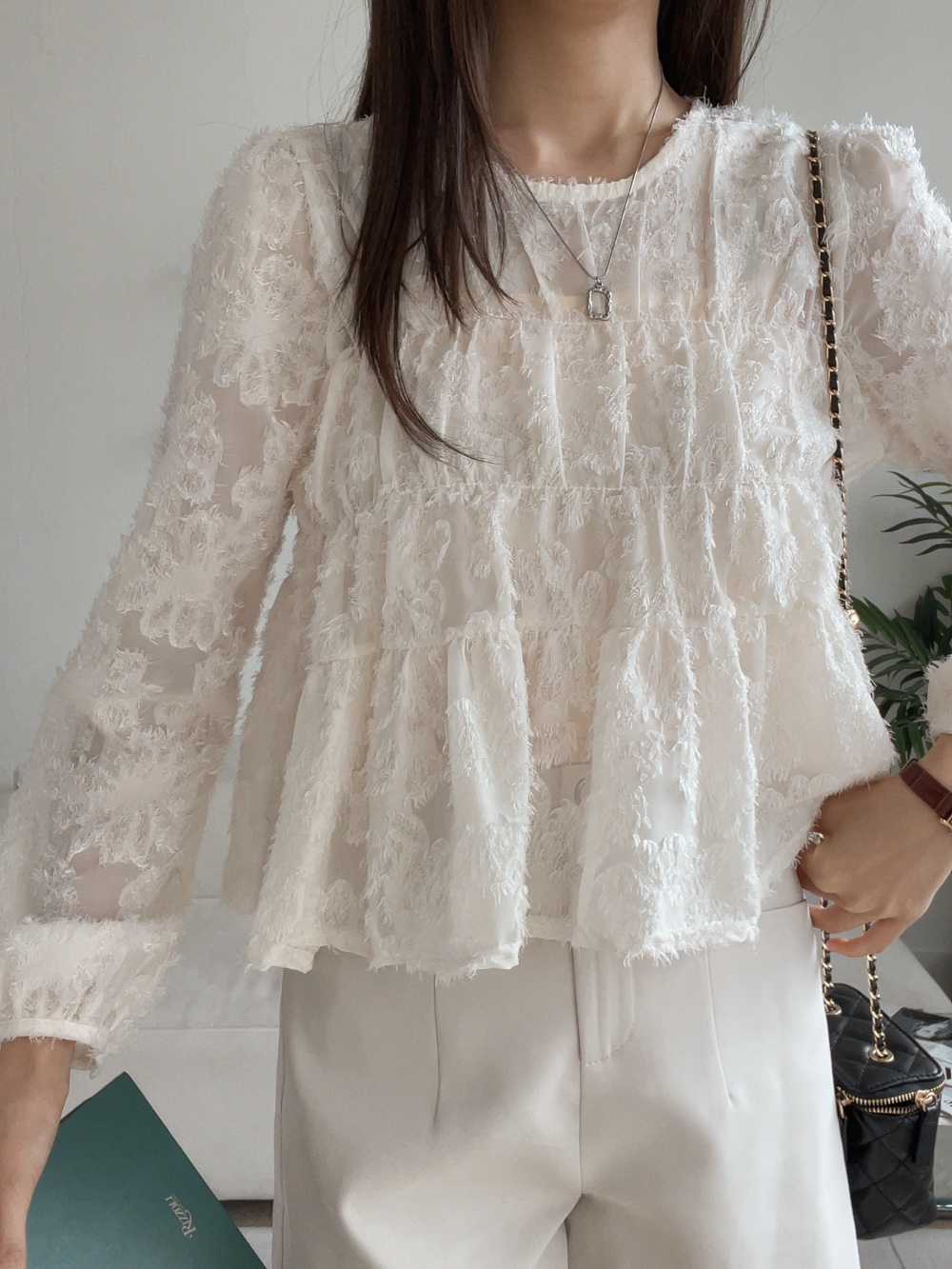 シースルーラウンドネックベーシック長袖ブラウス | 詳細画像11