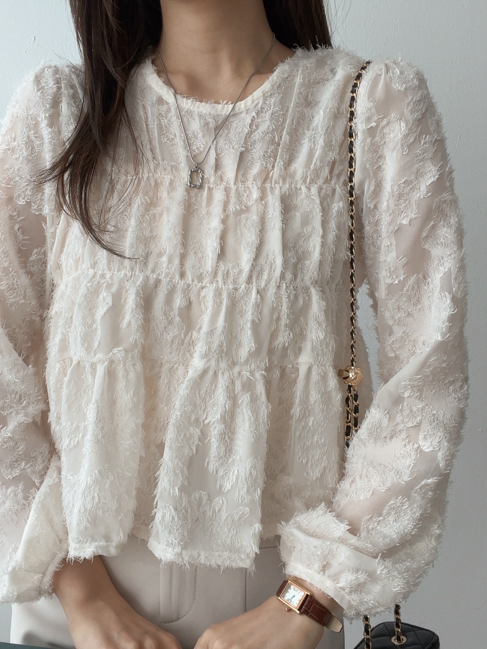 シースルーラウンドネックベーシック長袖ブラウス | 詳細画像13