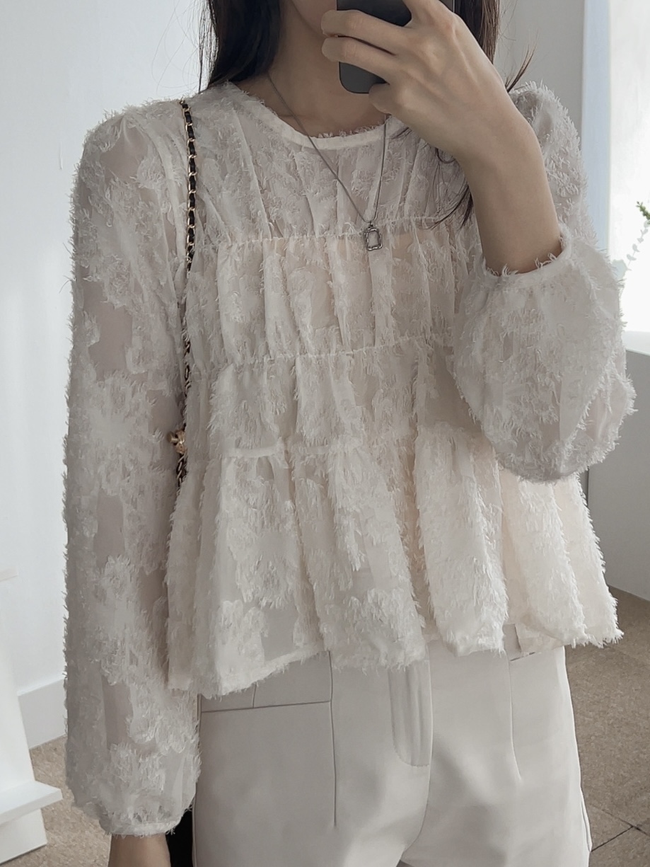 シースルーラウンドネックベーシック長袖ブラウス | 詳細画像15