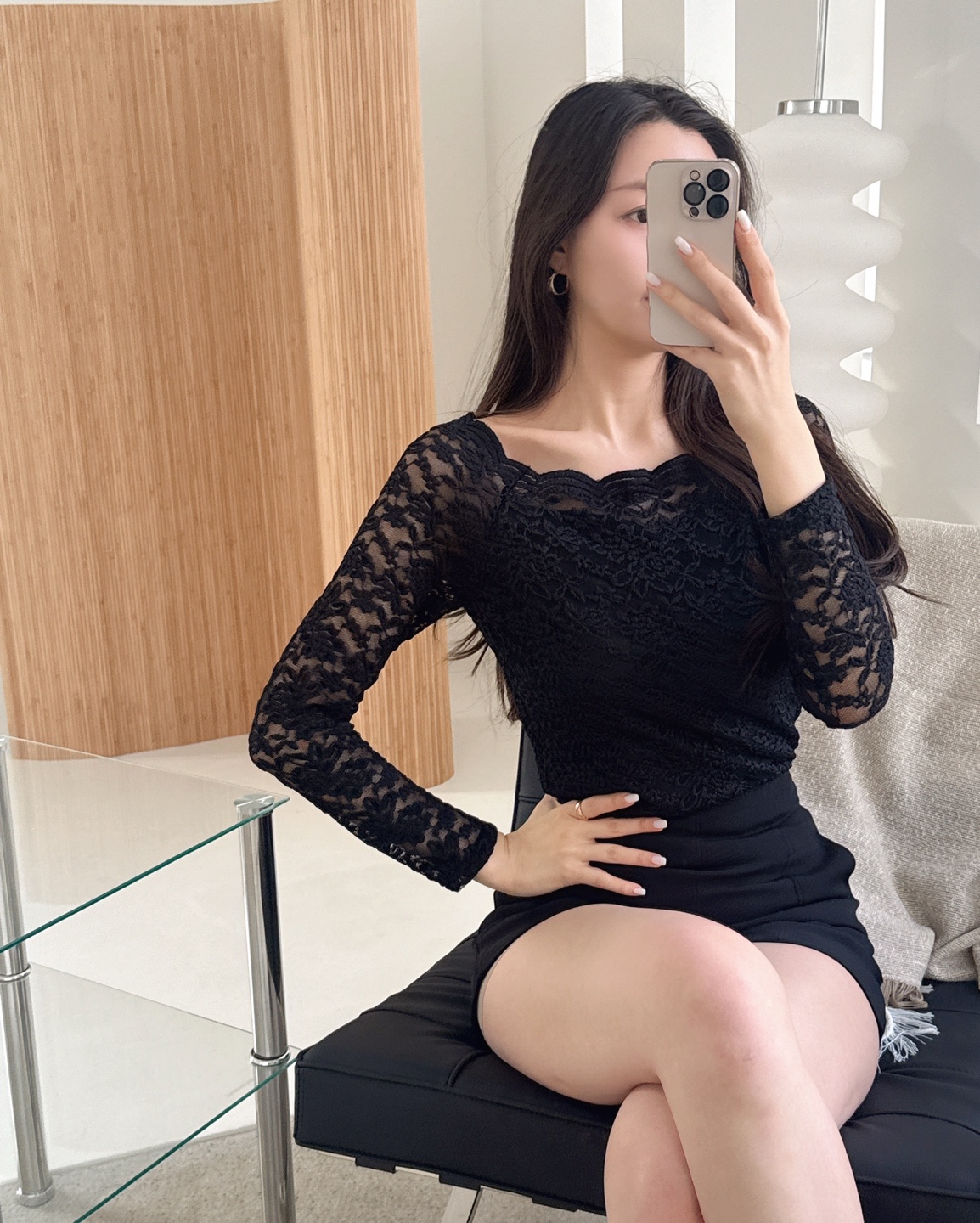 レースシースルーラウンドネックベーシックレイヤード風長袖Tシャツ | 詳細画像4