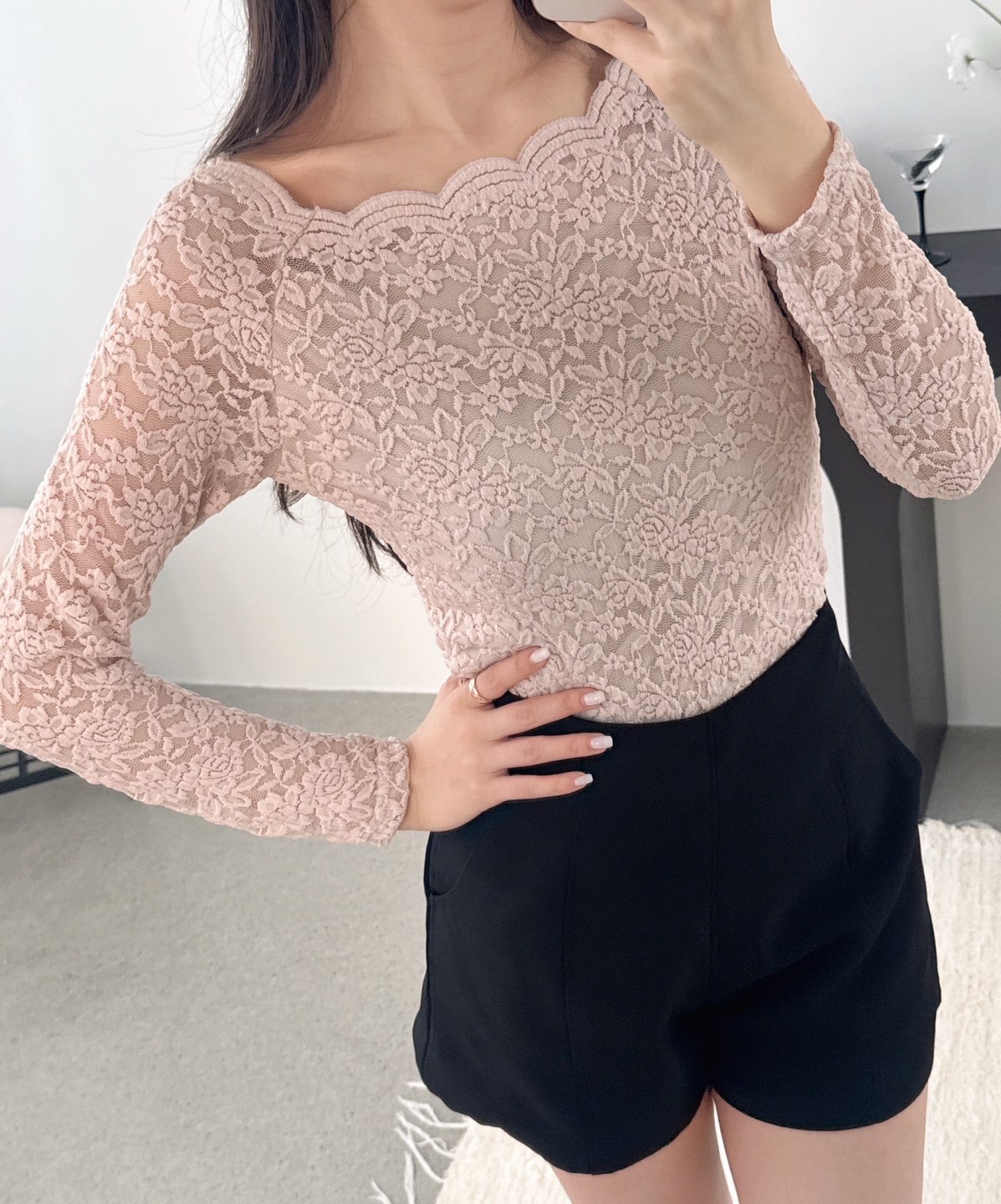 レースシースルーラウンドネックベーシックレイヤード風長袖Tシャツ | 詳細画像5