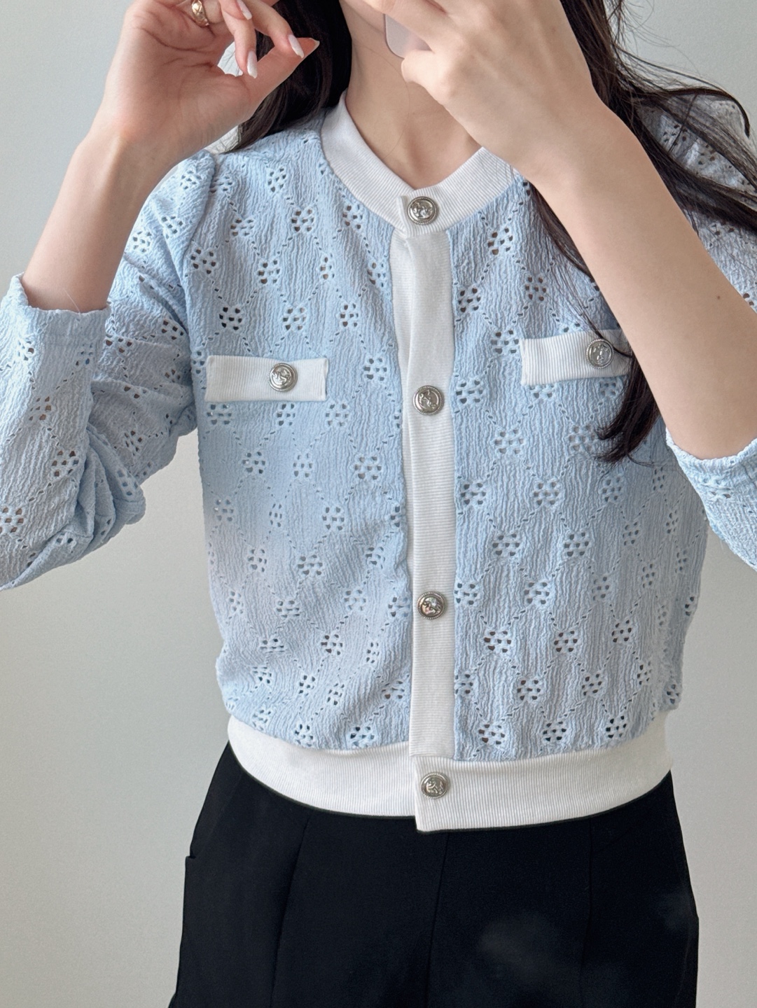 ニットボタンラウンドネック長袖配色カーディガン | 詳細画像2