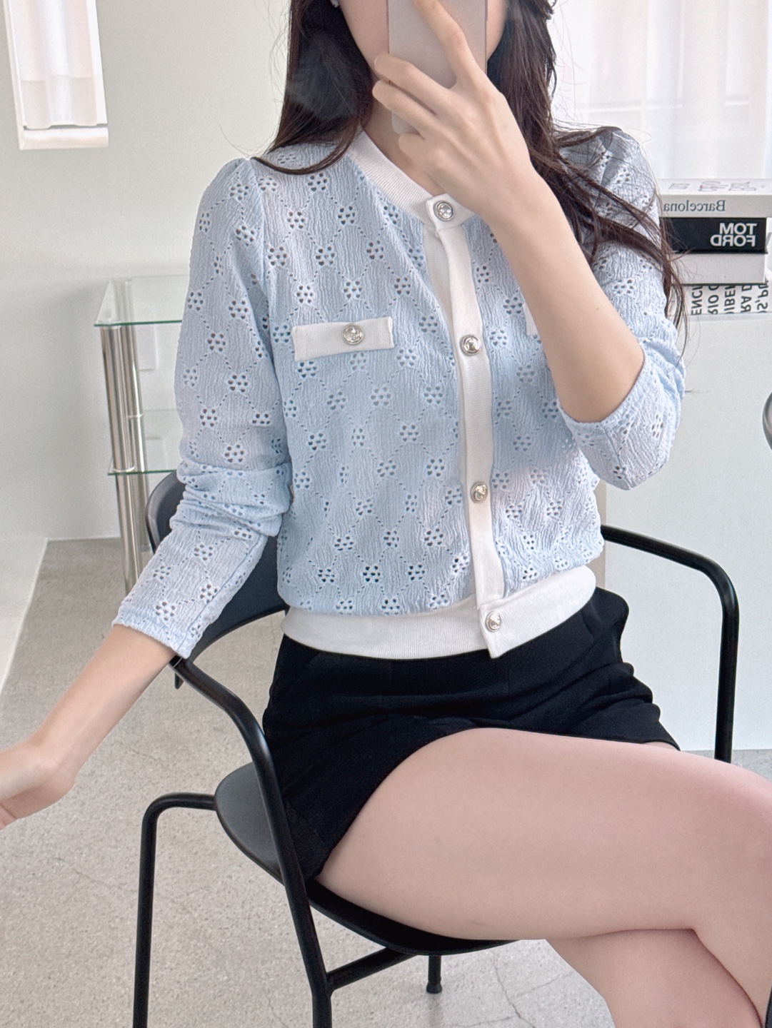 ニットボタンラウンドネック長袖配色カーディガン | 詳細画像5