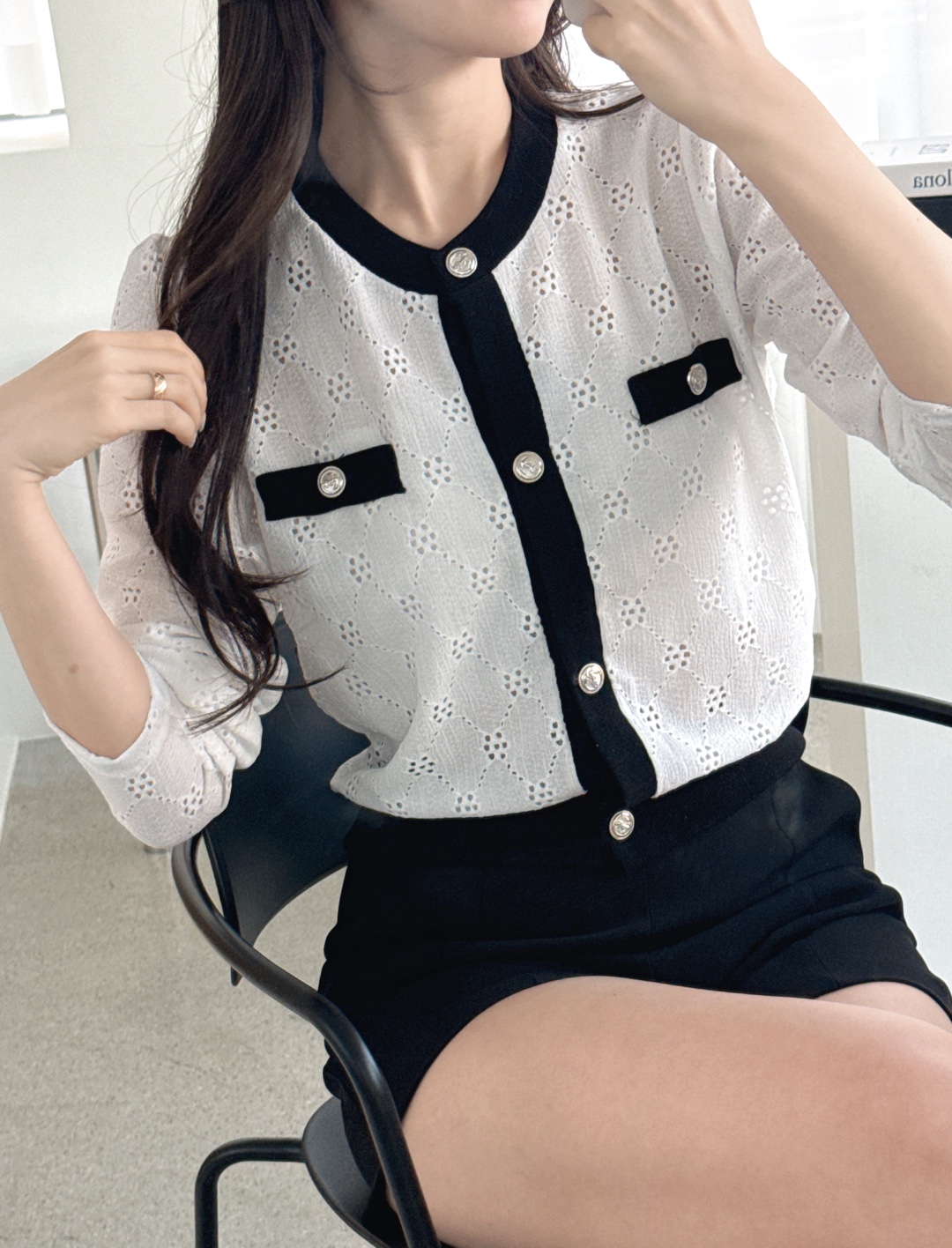 ニットボタンラウンドネック長袖配色カーディガン | 詳細画像7