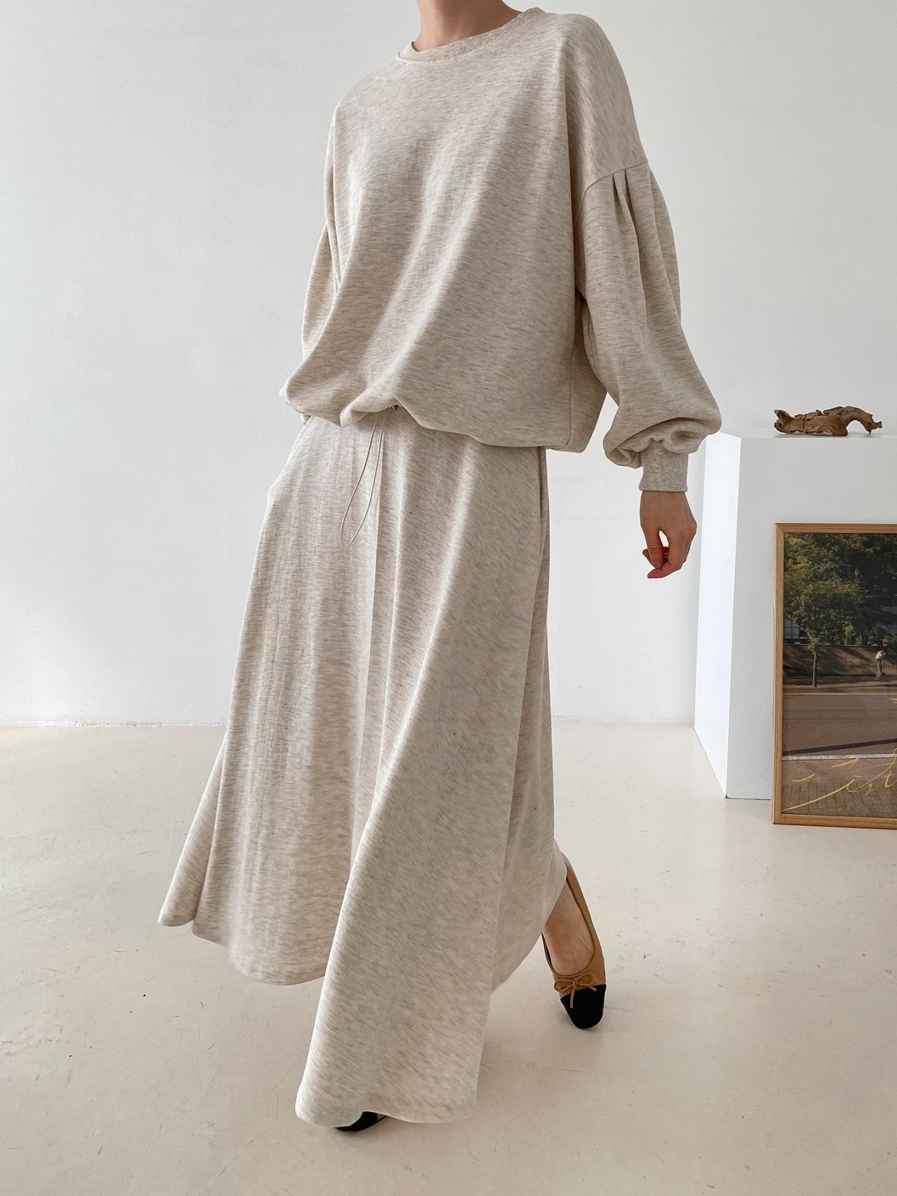 ラウンドネックベーシックウエストゴムロング長袖フレアセットアップスカートスウェットトレーニング | 詳細画像3