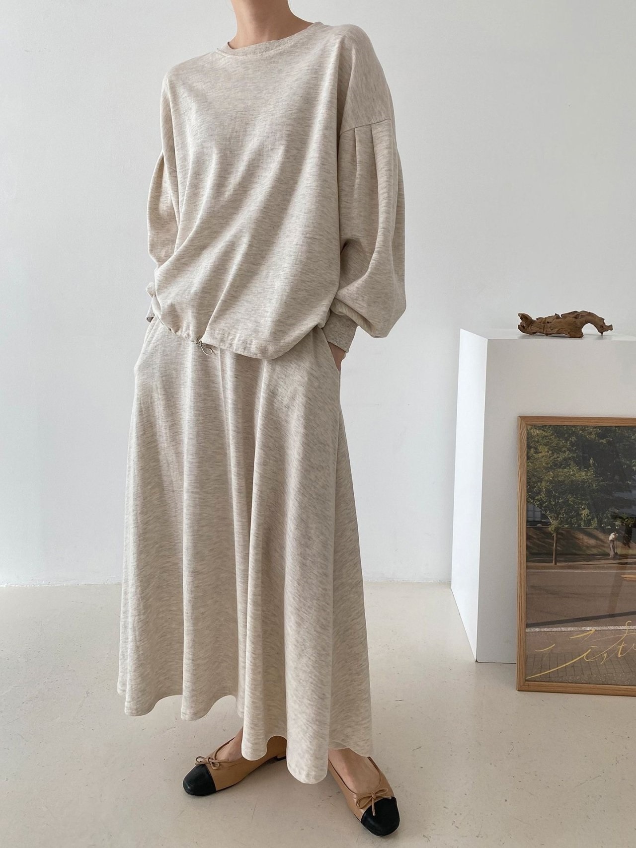 ラウンドネックベーシックウエストゴムロング長袖フレアセットアップスカートスウェットトレーニング | 詳細画像5