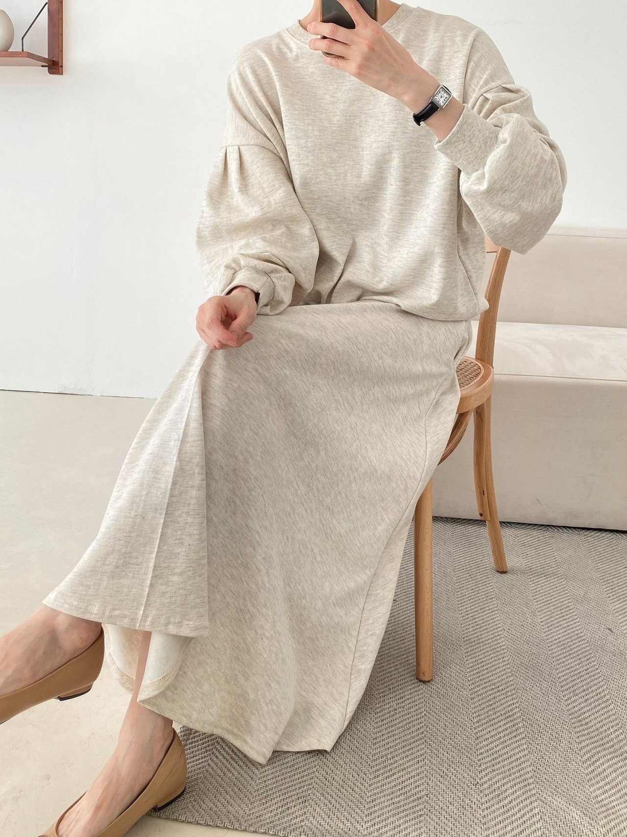 ラウンドネックベーシックウエストゴムロング長袖フレアセットアップスカートスウェットトレーニング | 詳細画像12