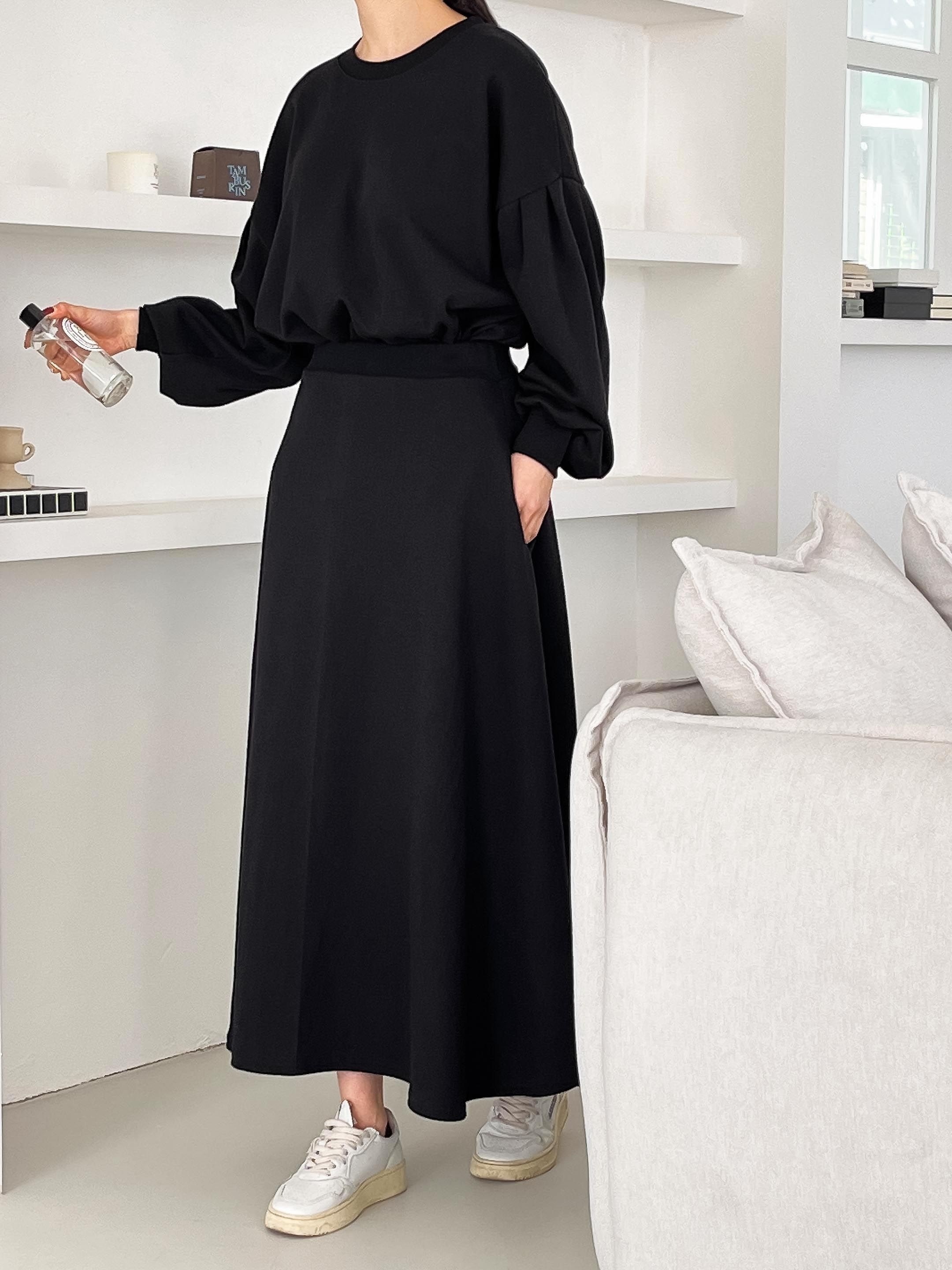 ラウンドネックベーシックウエストゴムロング長袖フレアセットアップスカートスウェットトレーニング | 詳細画像13
