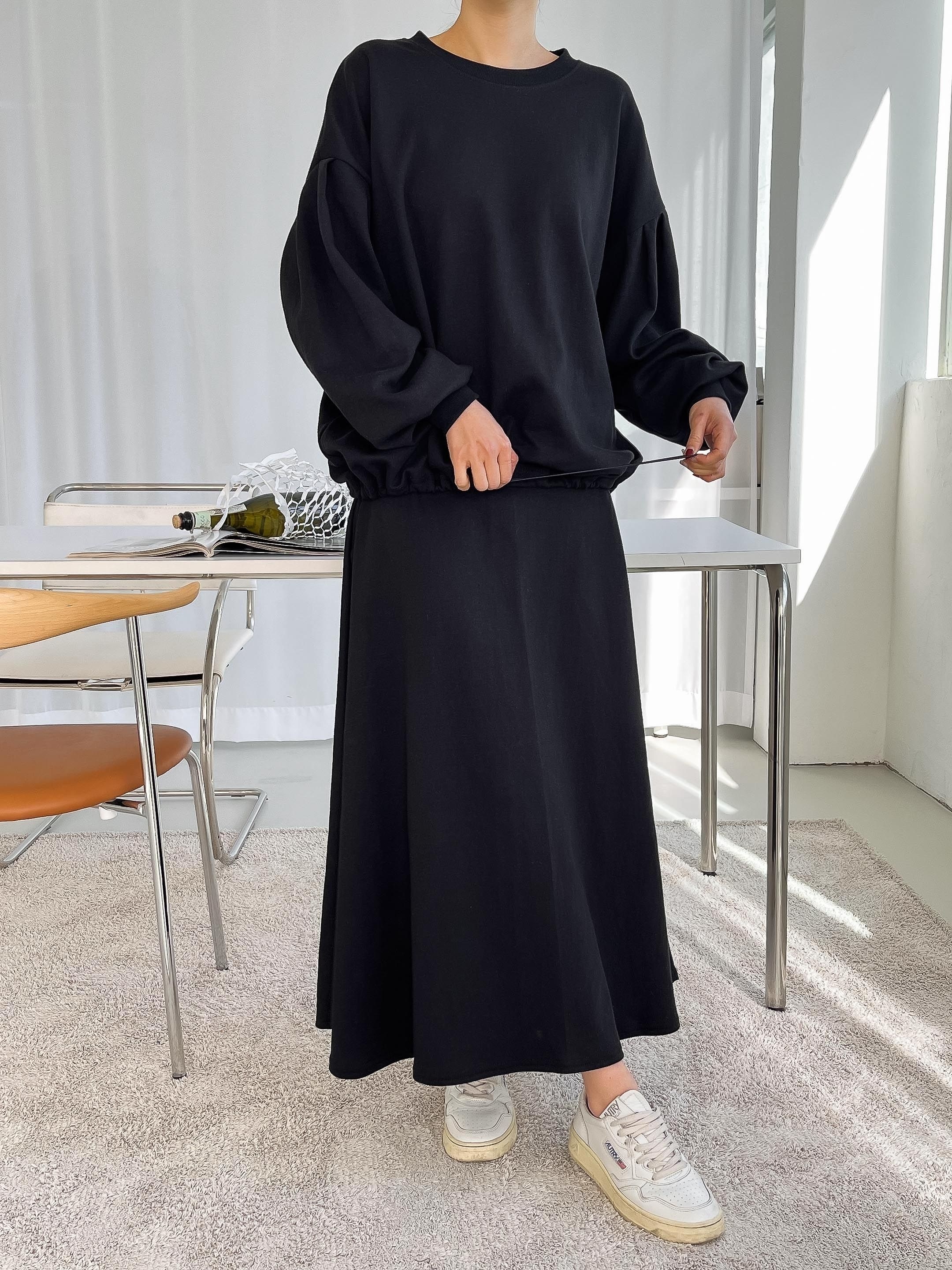 ラウンドネックベーシックウエストゴムロング長袖フレアセットアップスカートスウェットトレーニング | 詳細画像20