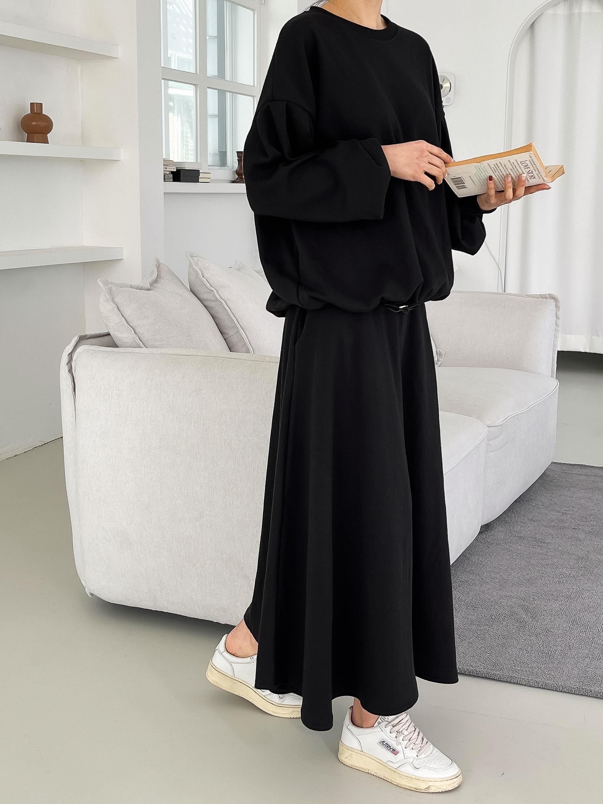 ラウンドネックベーシックウエストゴムロング長袖フレアセットアップスカートスウェットトレーニング | 詳細画像14