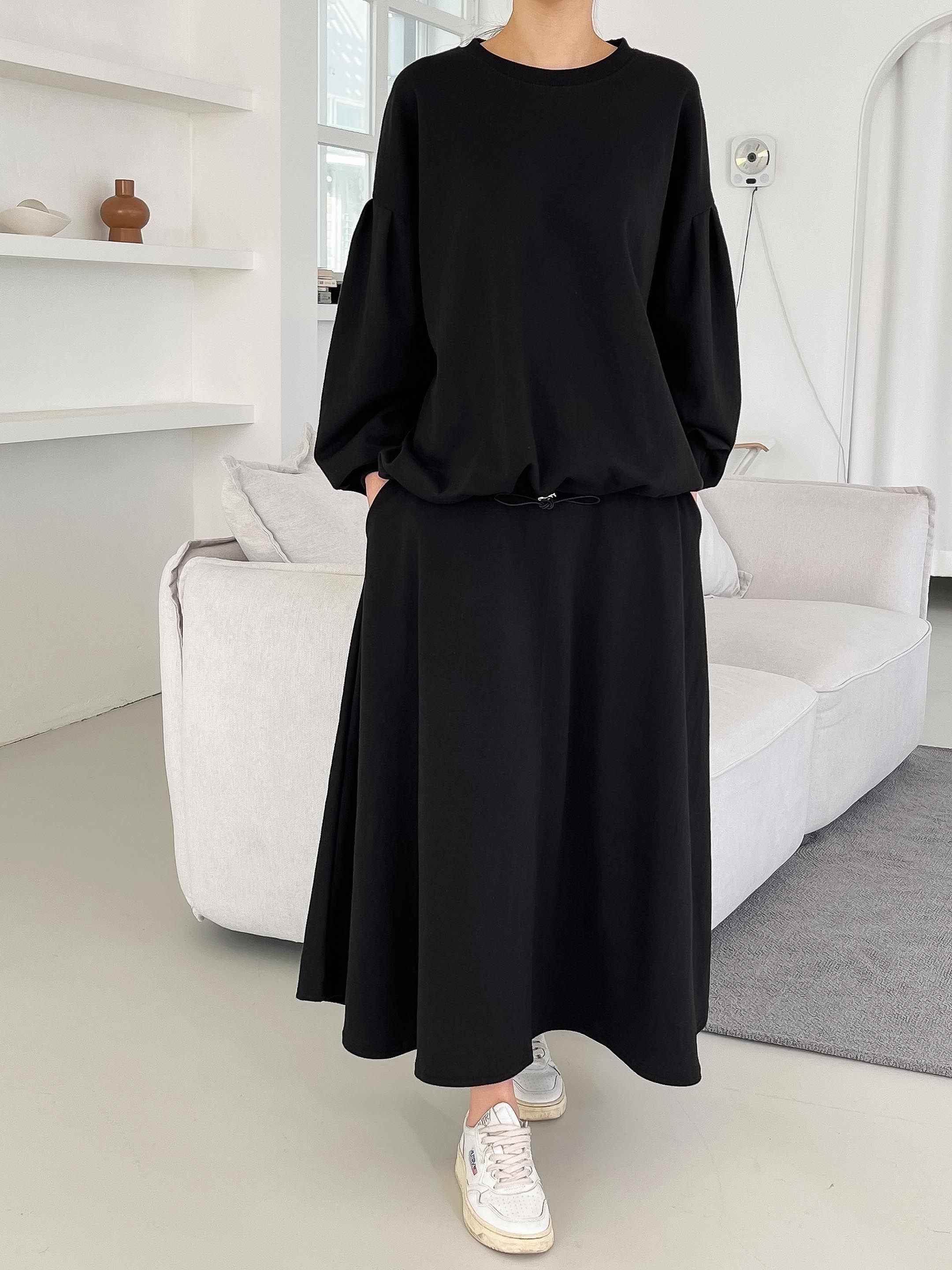 ラウンドネックベーシックウエストゴムロング長袖フレアセットアップスカートスウェットトレーニング | 詳細画像15