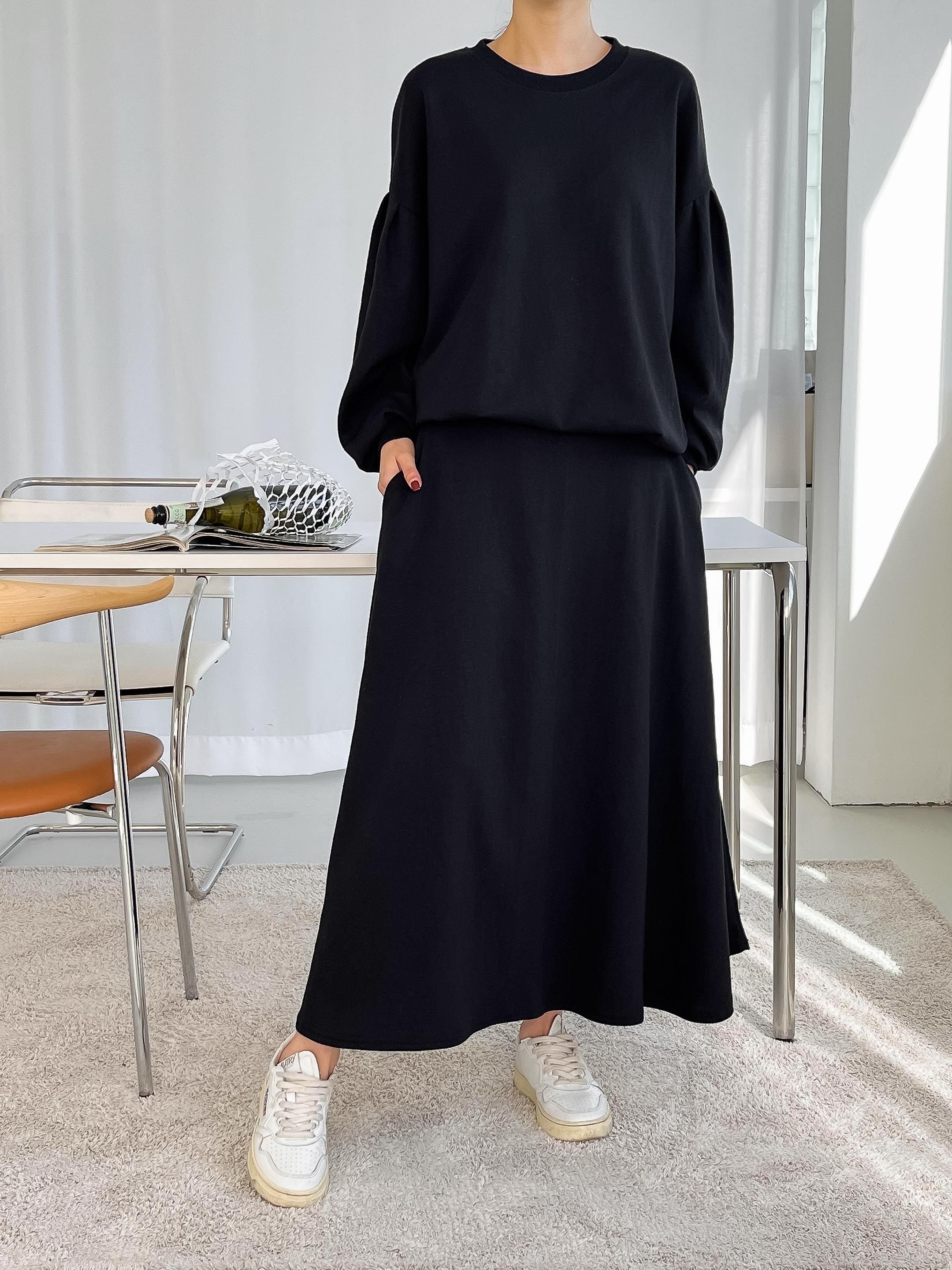 ラウンドネックベーシックウエストゴムロング長袖フレアセットアップスカートスウェットトレーニング | 詳細画像16