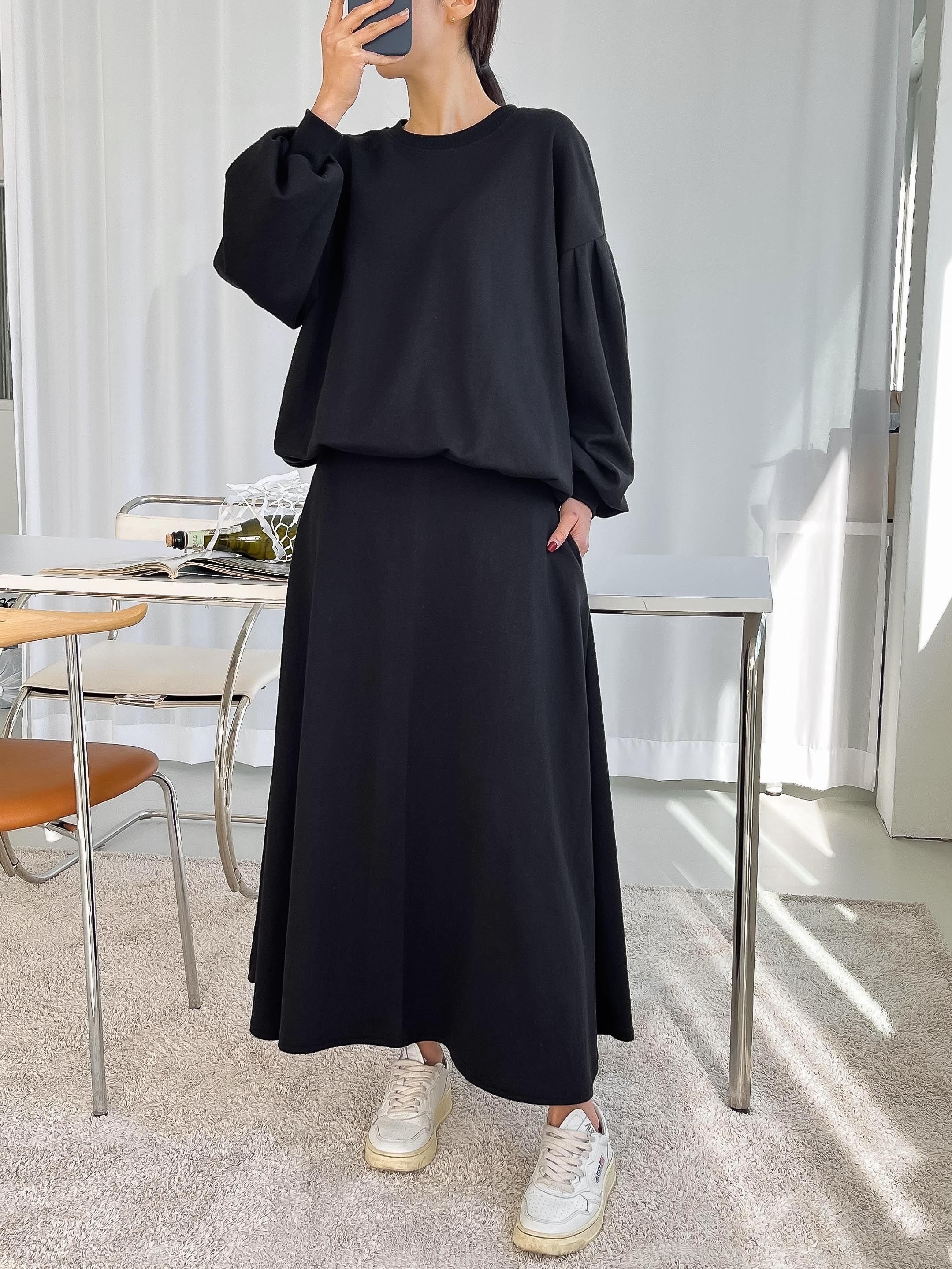 ラウンドネックベーシックウエストゴムロング長袖フレアセットアップスカートスウェットトレーニング | 詳細画像17