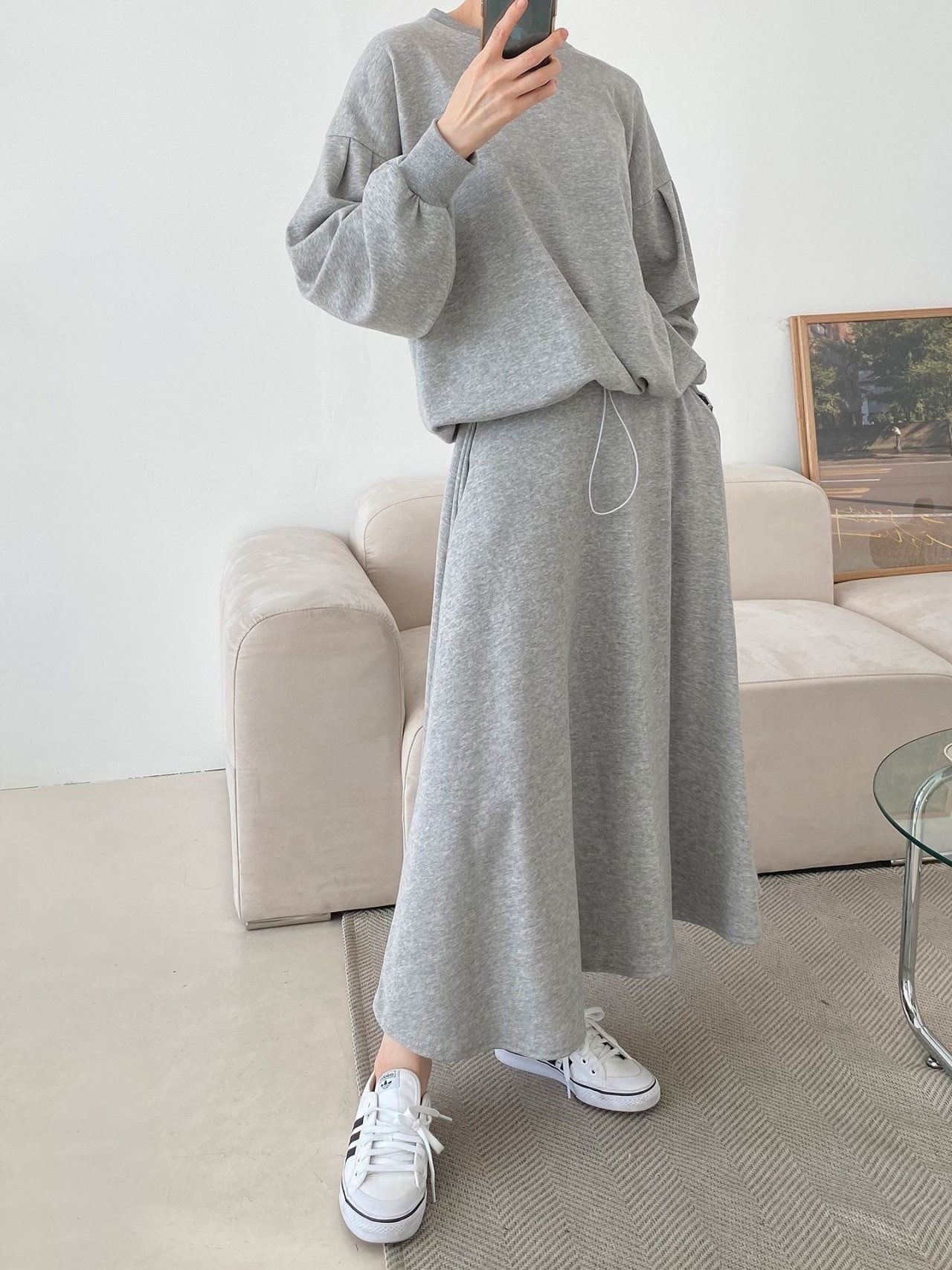 ラウンドネックベーシックウエストゴムロング長袖フレアセットアップスカートスウェットトレーニング | 詳細画像22