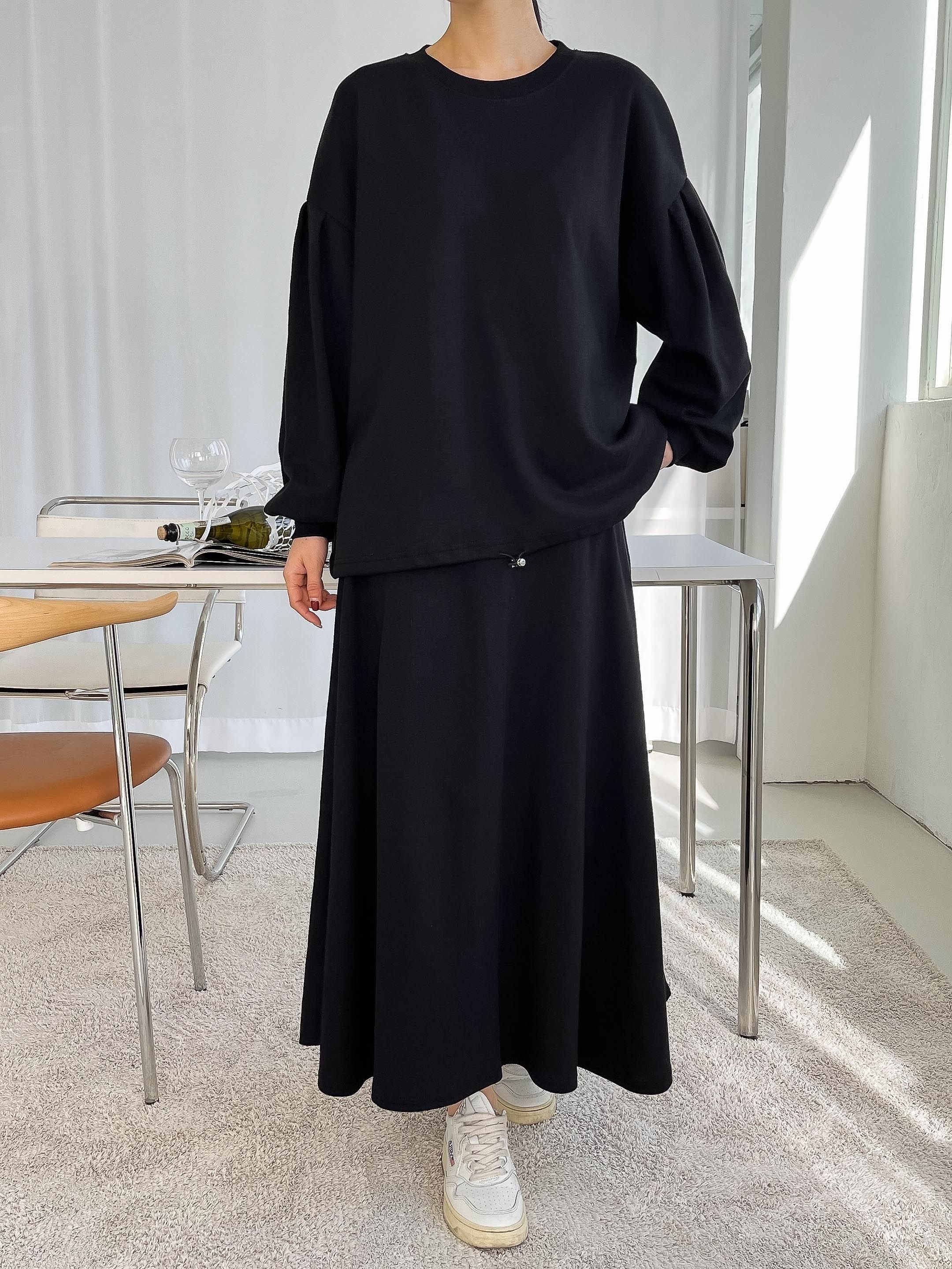 ラウンドネックベーシックウエストゴムロング長袖フレアセットアップスカートスウェットトレーニング | 詳細画像19