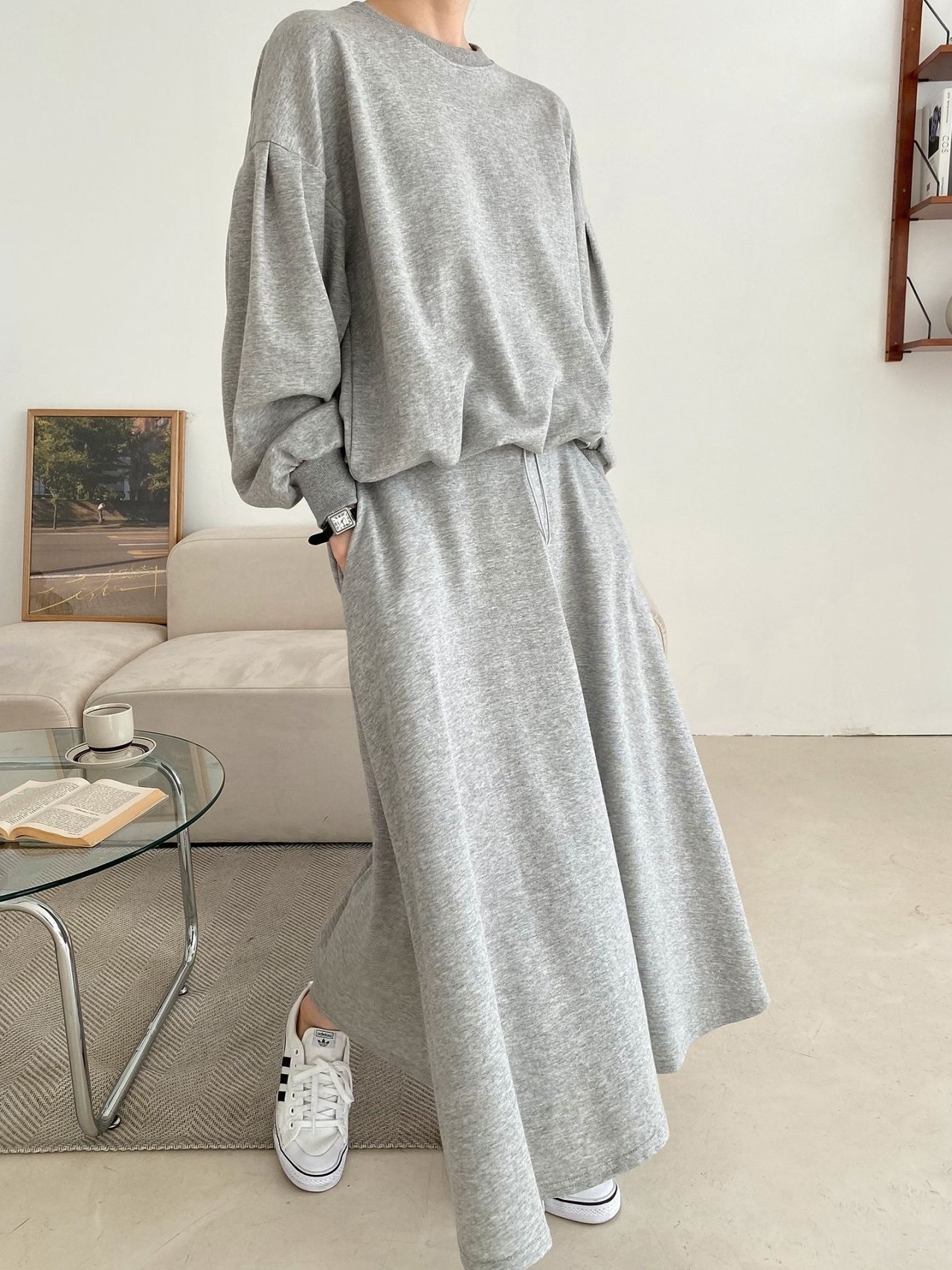 ラウンドネックベーシックウエストゴムロング長袖フレアセットアップスカートスウェットトレーニング | 詳細画像24