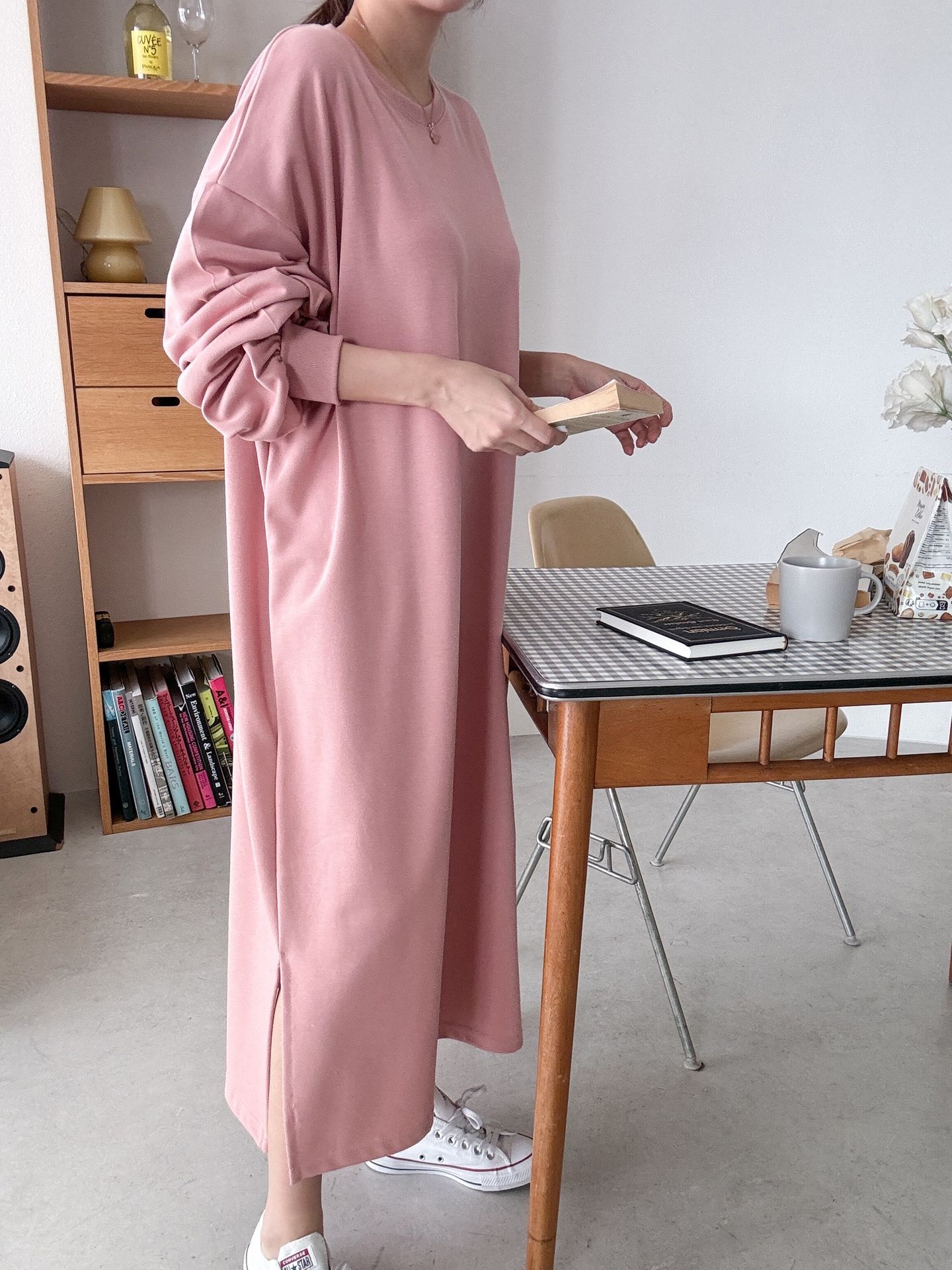 ラウンドネックスリットベーシックボクシールーズ長袖ワンピース | 詳細画像10