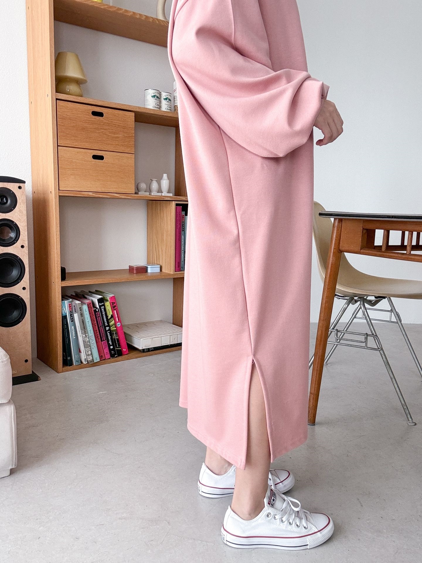 ラウンドネックスリットベーシックボクシールーズ長袖ワンピース | 詳細画像12