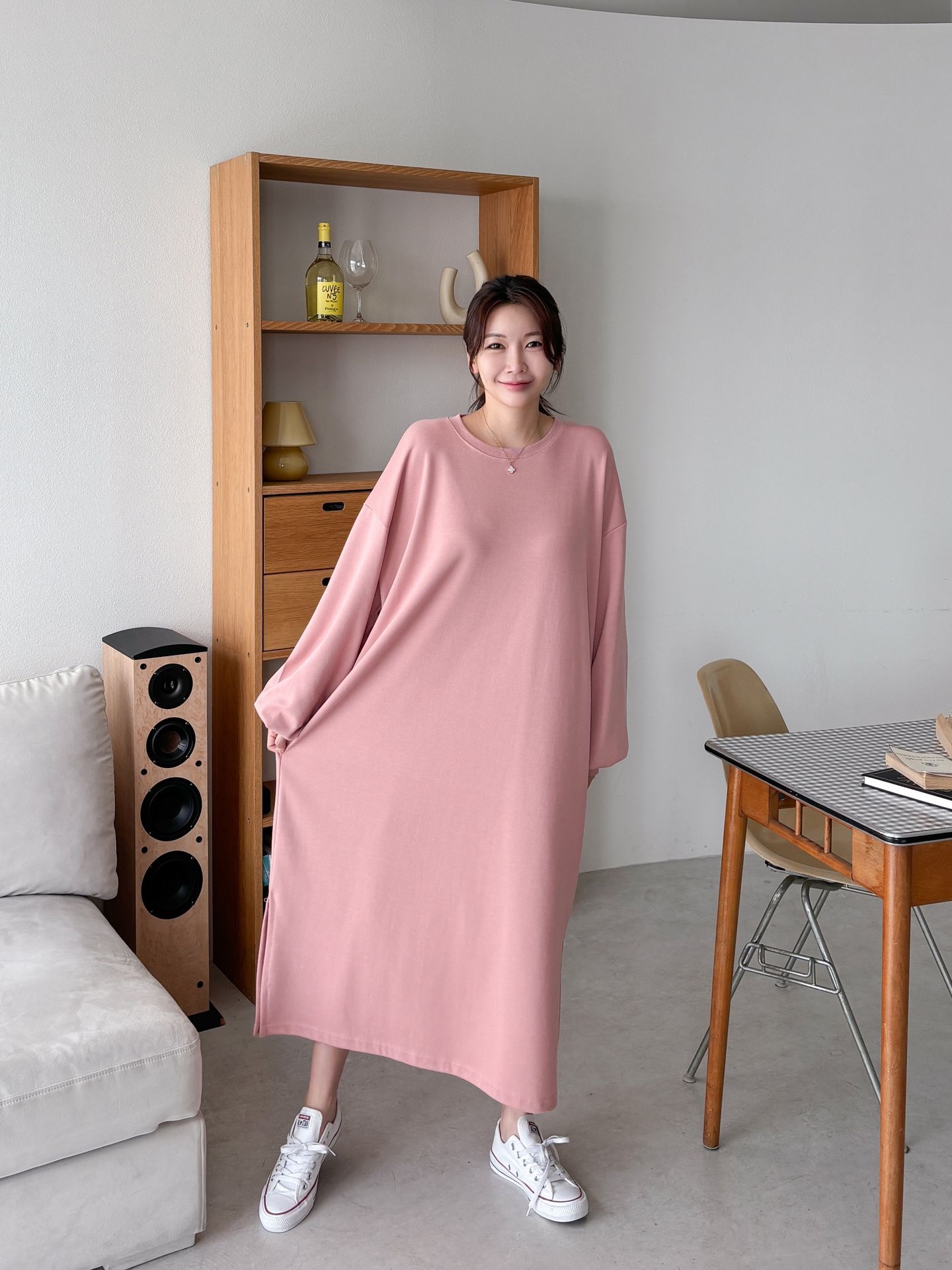 ラウンドネックスリットベーシックボクシールーズ長袖ワンピース | 詳細画像8