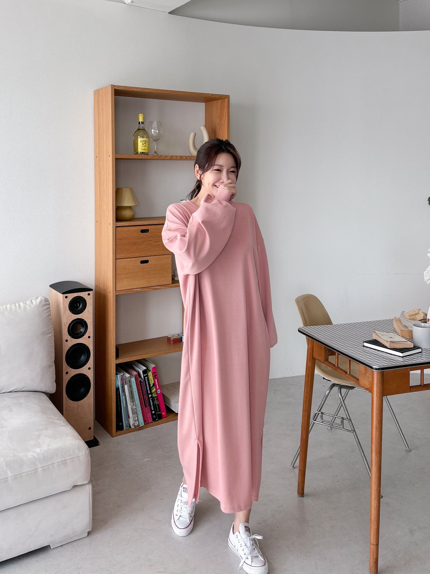 ラウンドネックスリットベーシックボクシールーズ長袖ワンピース | 詳細画像9